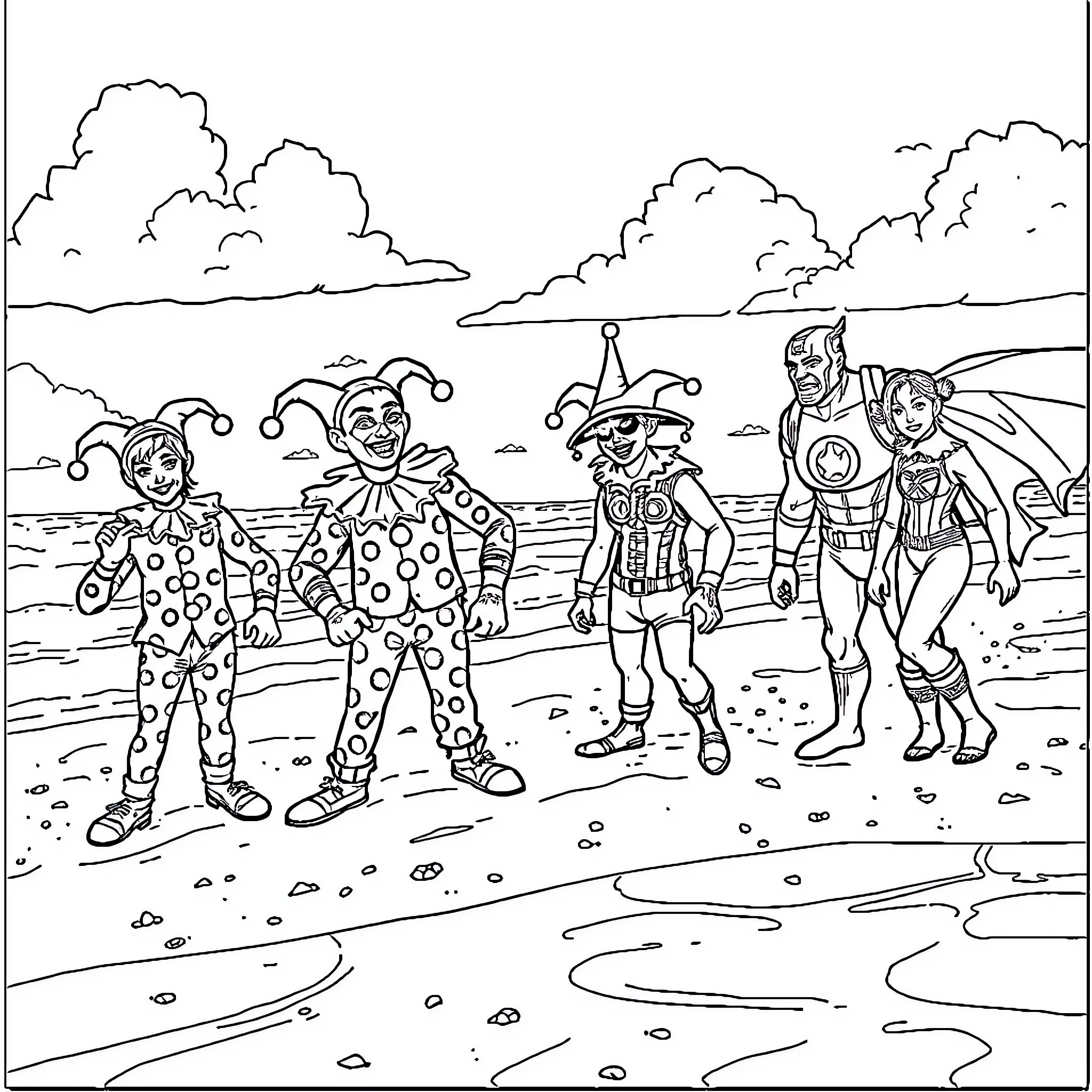 Clowns in Whimsical Costumes by the Shore Coloring Page (free black-and-white line drawing printable PDF for all, from beginners to advanced learners, including children, teens, adults, and seniors)