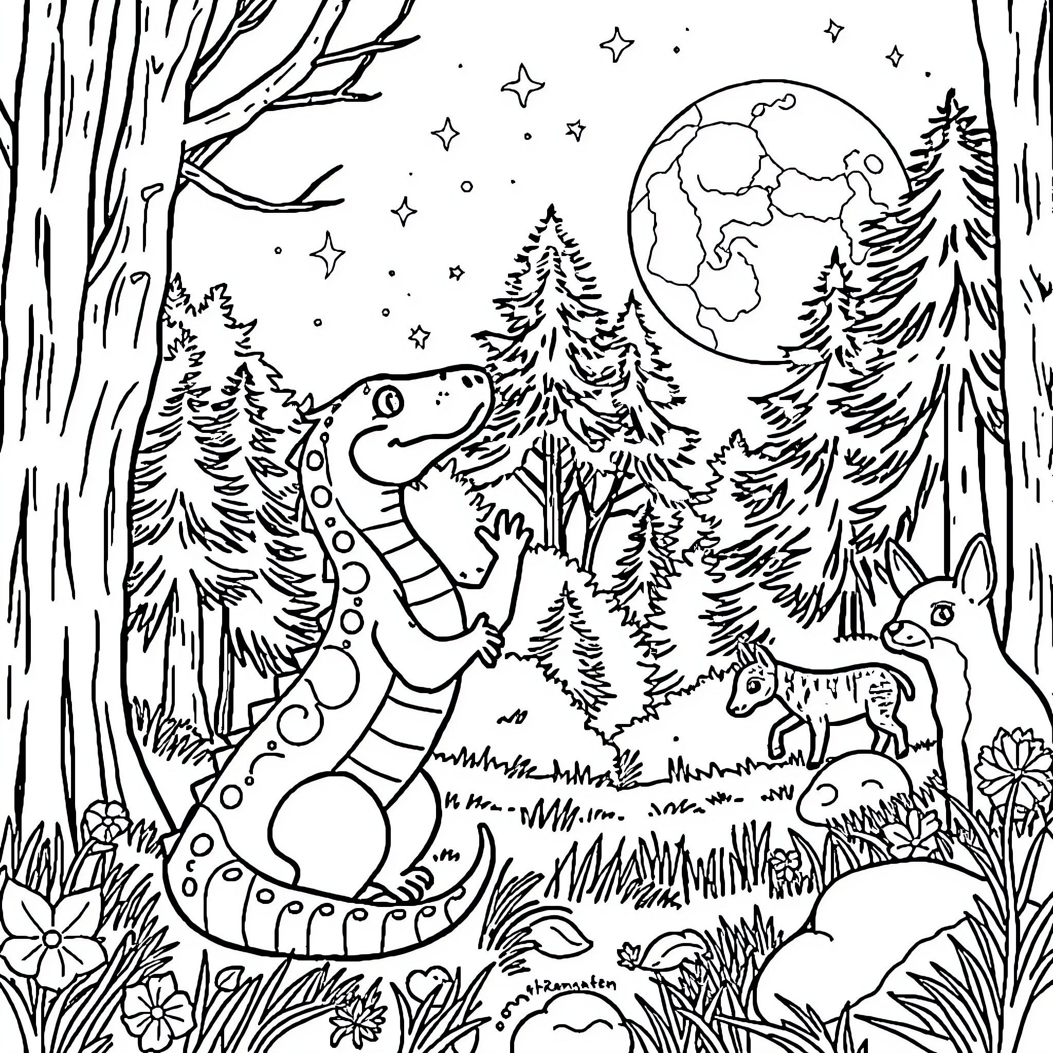 Dragon gazing at the starry night sky in a forest Coloring Page (free black-and-white line drawing printable PDF for all, from beginners to advanced learners, including children, teens, adults, and seniors)