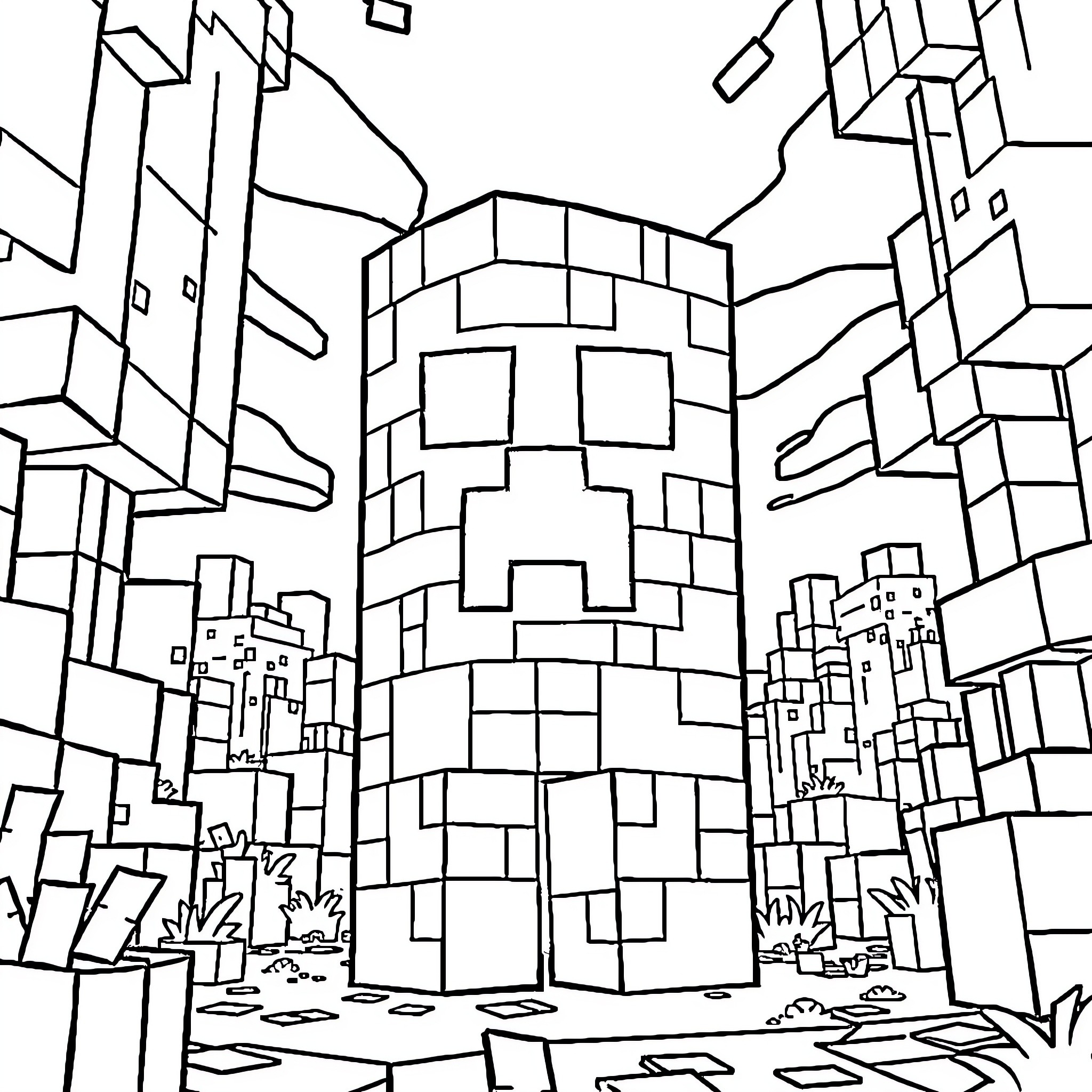 Creeper lurking in the pixelated landscape Coloring Page (free black-and-white line drawing printable PDF for all, from beginners to advanced learners, including children, teens, adults, and seniors)
