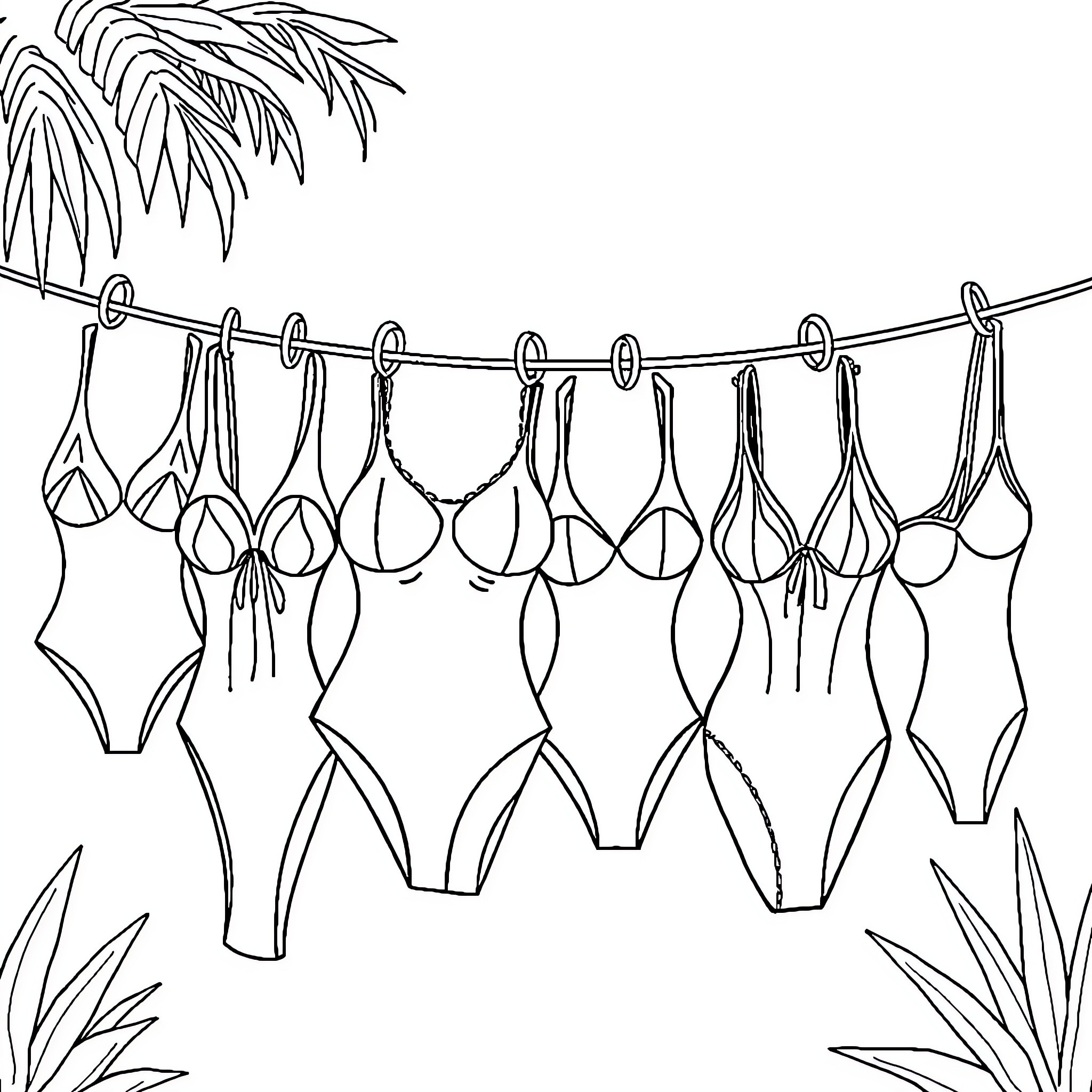 One Piece Swimsuits Hanging on the Line Coloring Page (free black-and-white line drawing printable PDF for all, from beginners to advanced learners, including children, teens, adults, and seniors)