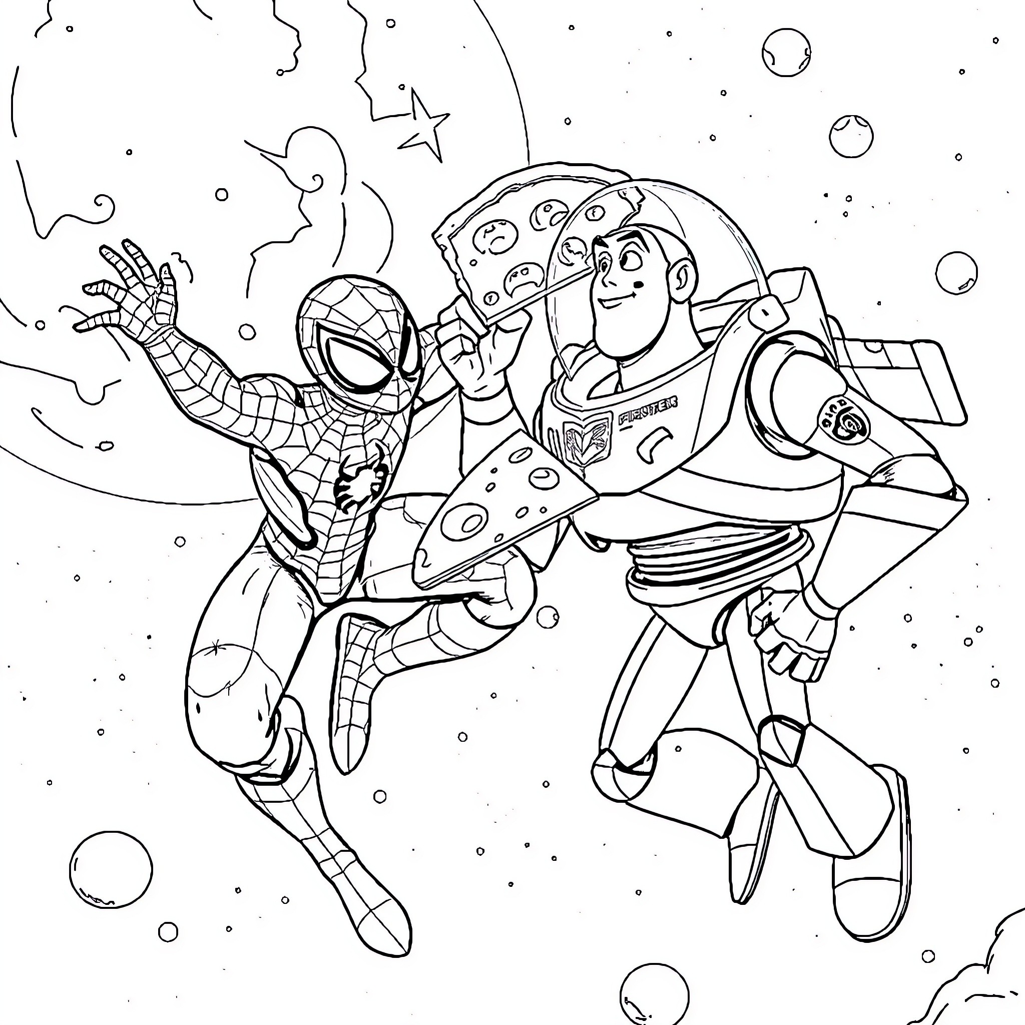 Spiderman and Buzz Lightyear soaring through the cosmos Coloring Page (free black-and-white line drawing printable PDF for all, from beginners to advanced learners, including children, teens, adults, and seniors)
