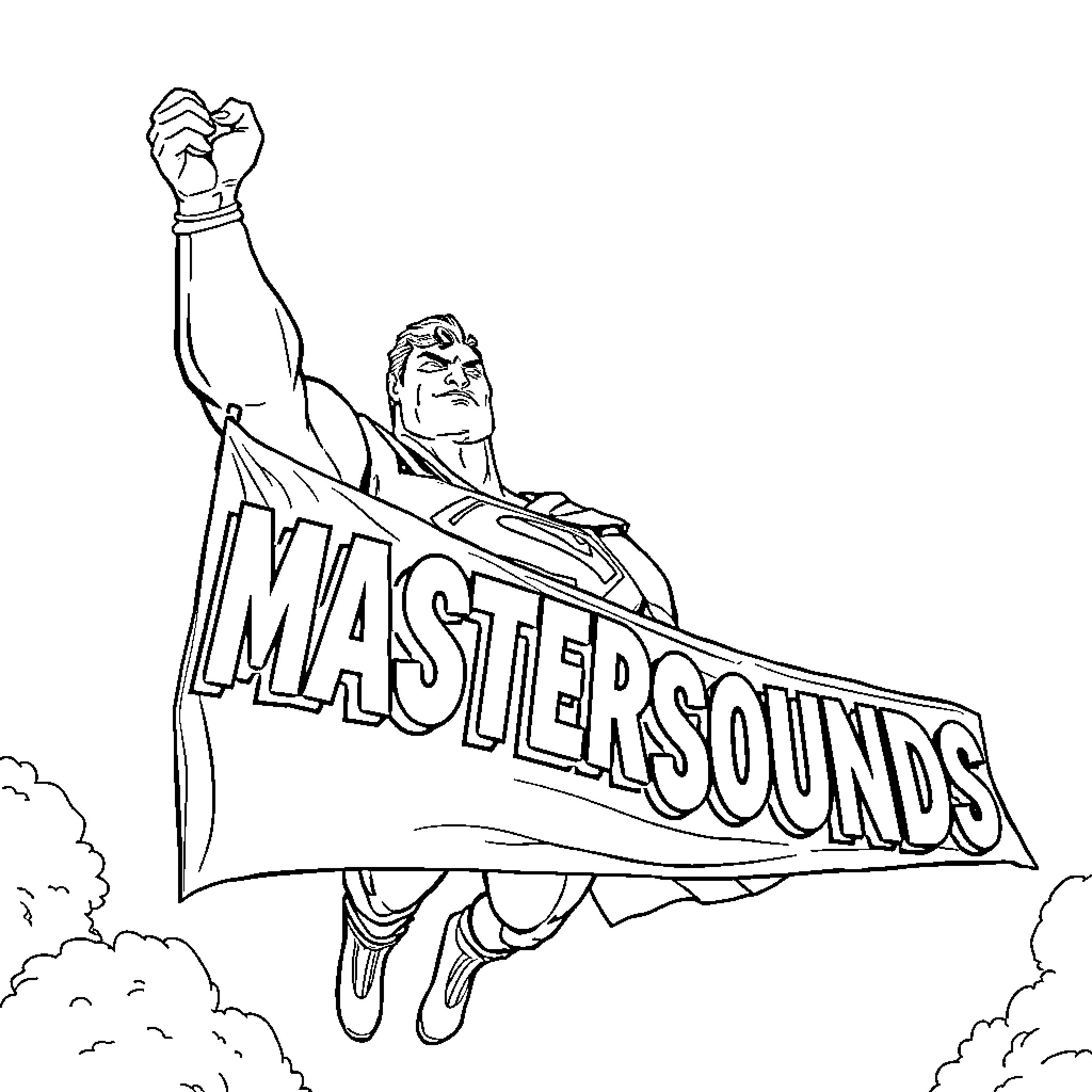 Superman soaring with Master Sounds banner Coloring Page (free black-and-white line drawing printable PDF for all, from beginners to advanced learners, including children, teens, adults, and seniors)