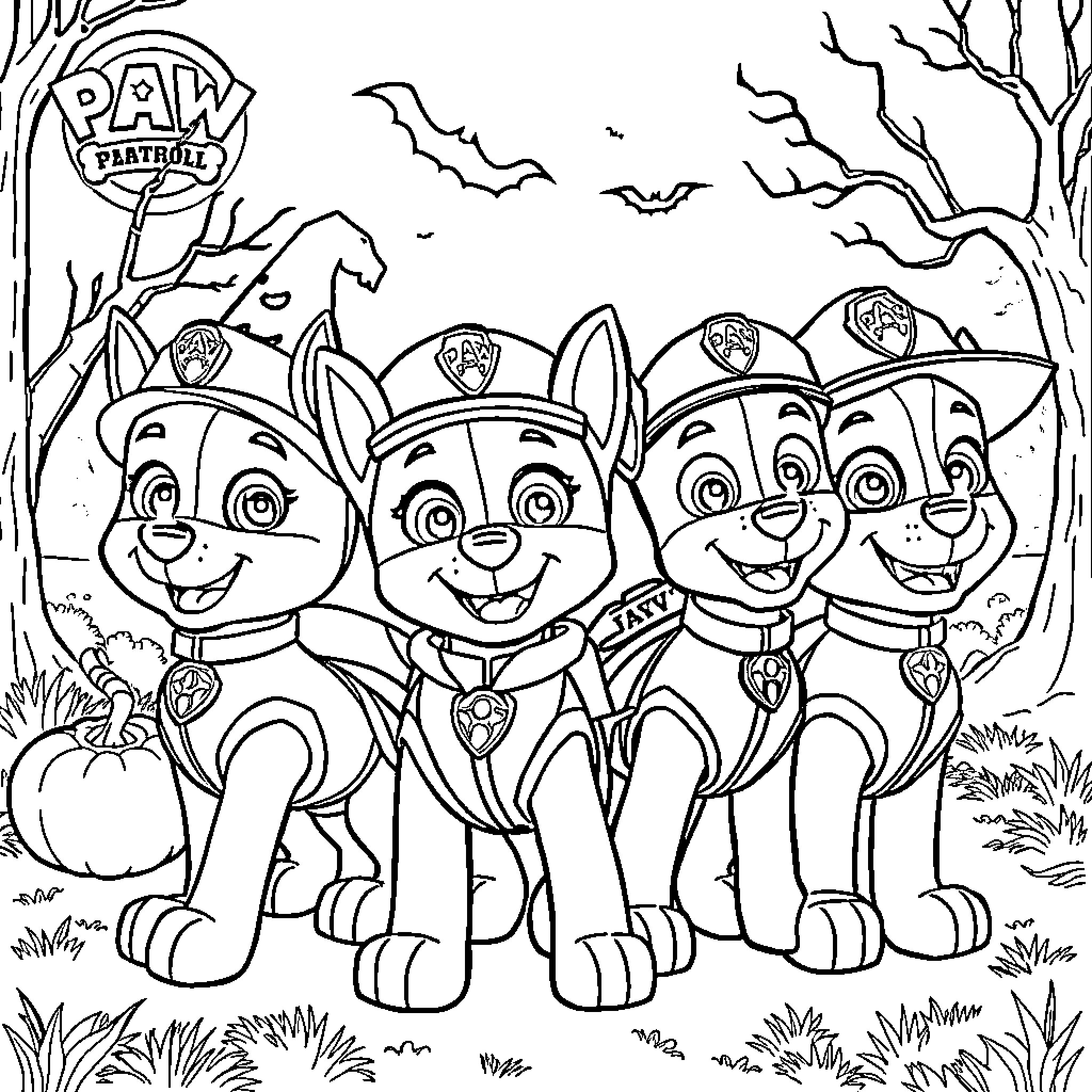 Paw Patrol pups on a Halloween adventure Coloring Page (free black-and-white line drawing printable PDF for all, from beginners to advanced learners, including children, teens, adults, and seniors)