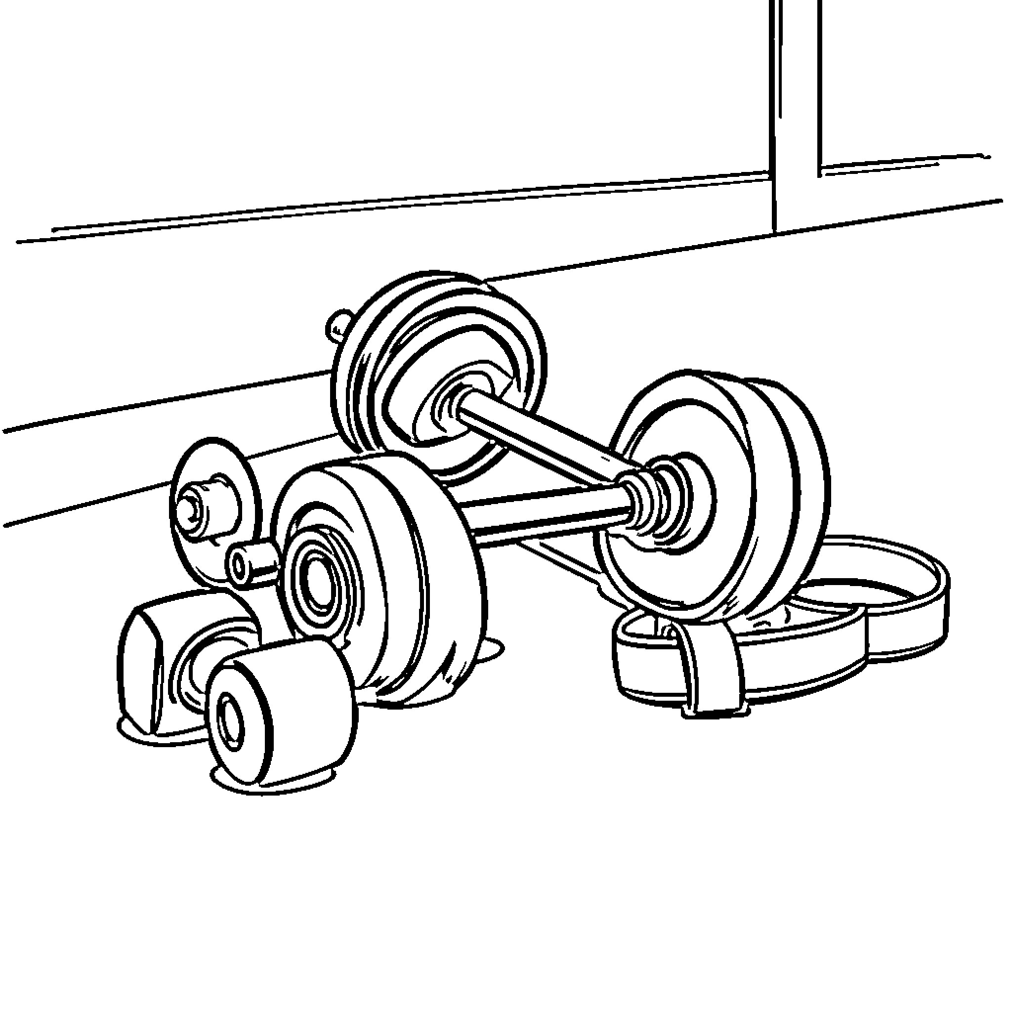 Barbell equipment with weight plates and dumbbell Coloring Page (free black-and-white line drawing printable PDF for all, from beginners to advanced learners, including children, teens, adults, and seniors)