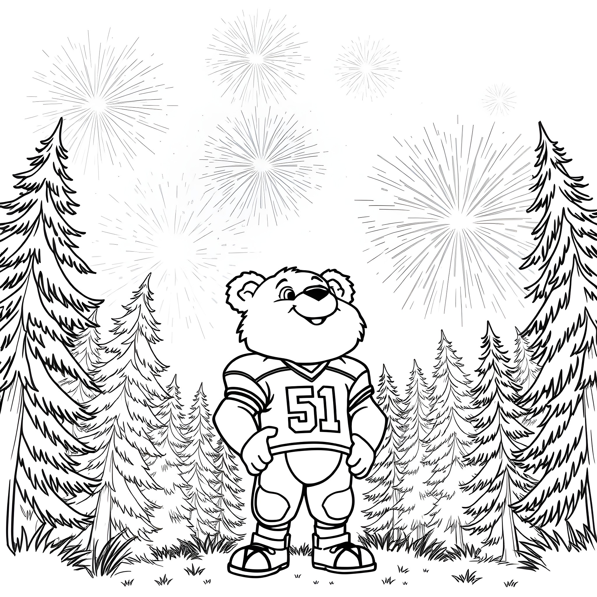 Bear cheering with fireworks in the forest Coloring Page (free black-and-white line drawing printable PDF for all, from beginners to advanced learners, including children, teens, adults, and seniors)
