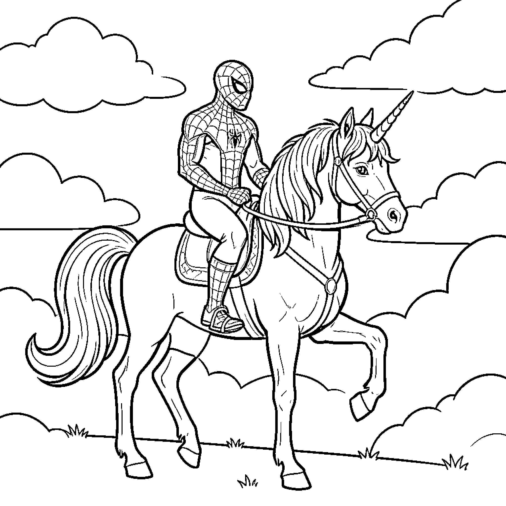 Spiderman riding a unicorn through the clouds Coloring Page (free black-and-white line drawing printable PDF for all, from beginners to advanced learners, including children, teens, adults, and seniors)