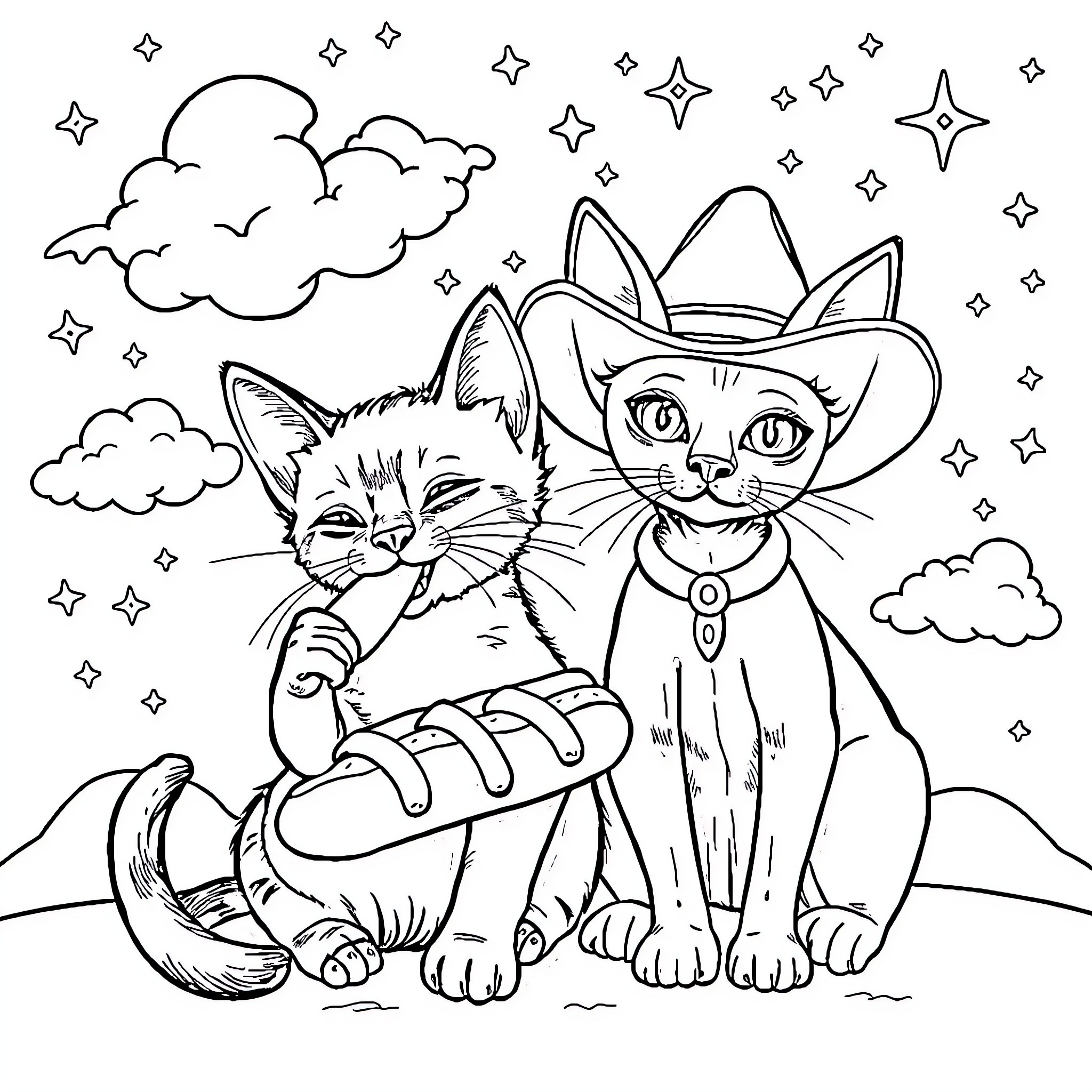 Siamese Cats Playfully in the Starry Night Coloring Page (free black-and-white line drawing printable PDF for all, from beginners to advanced learners, including children, teens, adults, and seniors)