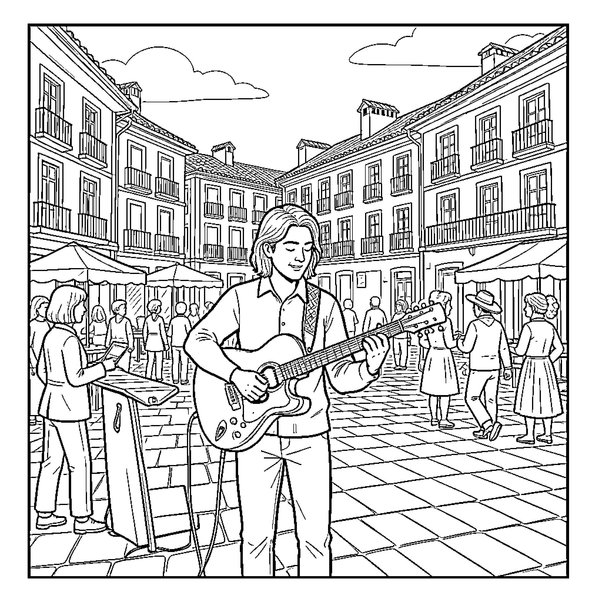 Guitarist performing music in a busy town square Coloring Page (free black-and-white line drawing printable PDF for all, from beginners to advanced learners, including children, teens, adults, and seniors)