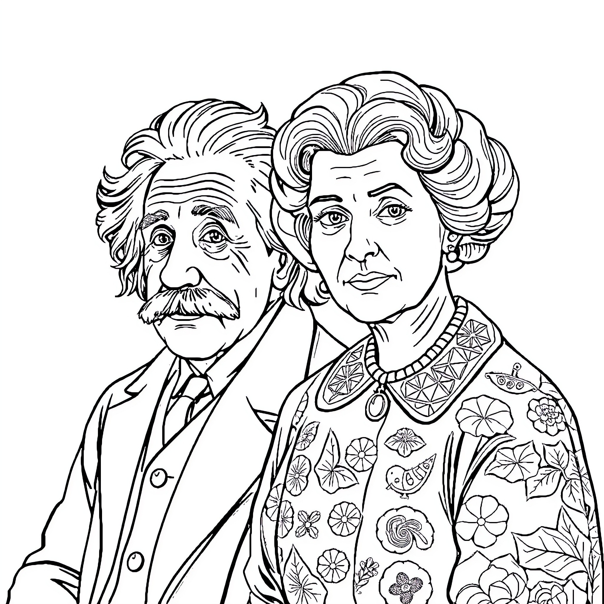 Scientist couple in thoughtful conversation Coloring Page (free black-and-white line drawing printable PDF for all, from beginners to advanced learners, including children, teens, adults, and seniors)