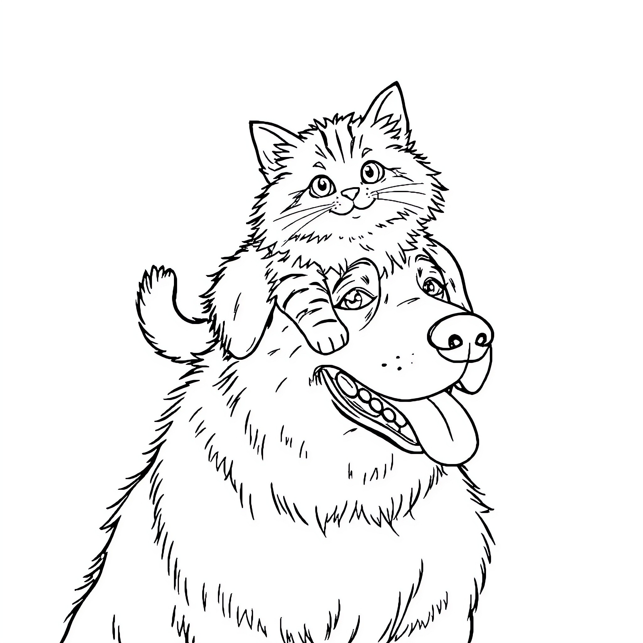 Cat and dog playing together happily Coloring Page (free black-and-white line drawing printable PDF for all, from beginners to advanced learners, including children, teens, adults, and seniors)