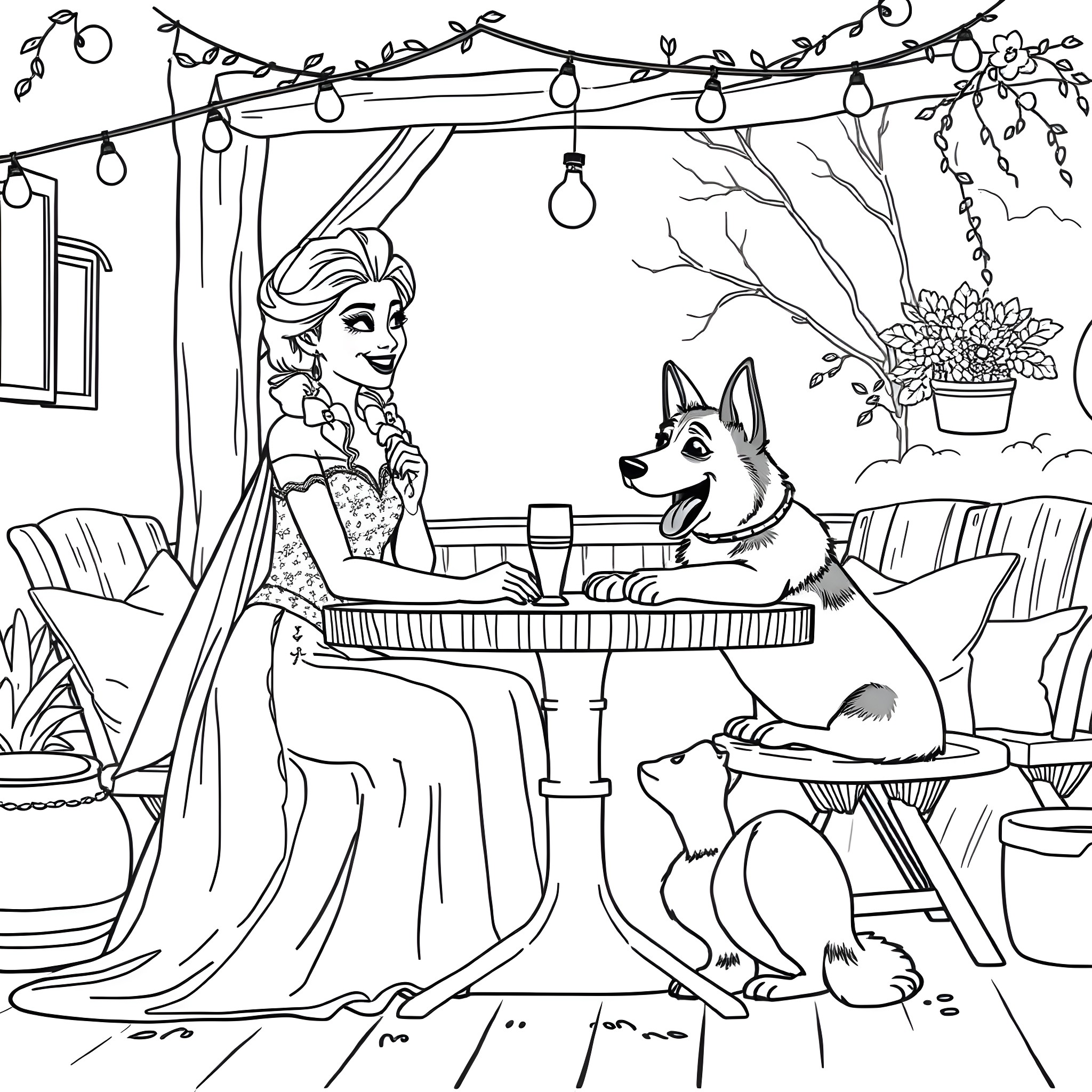 Elsa enjoying a cozy evening with her canine friend Coloring Page (free black-and-white line drawing printable PDF for all, from beginners to advanced learners, including children, teens, adults, and seniors)