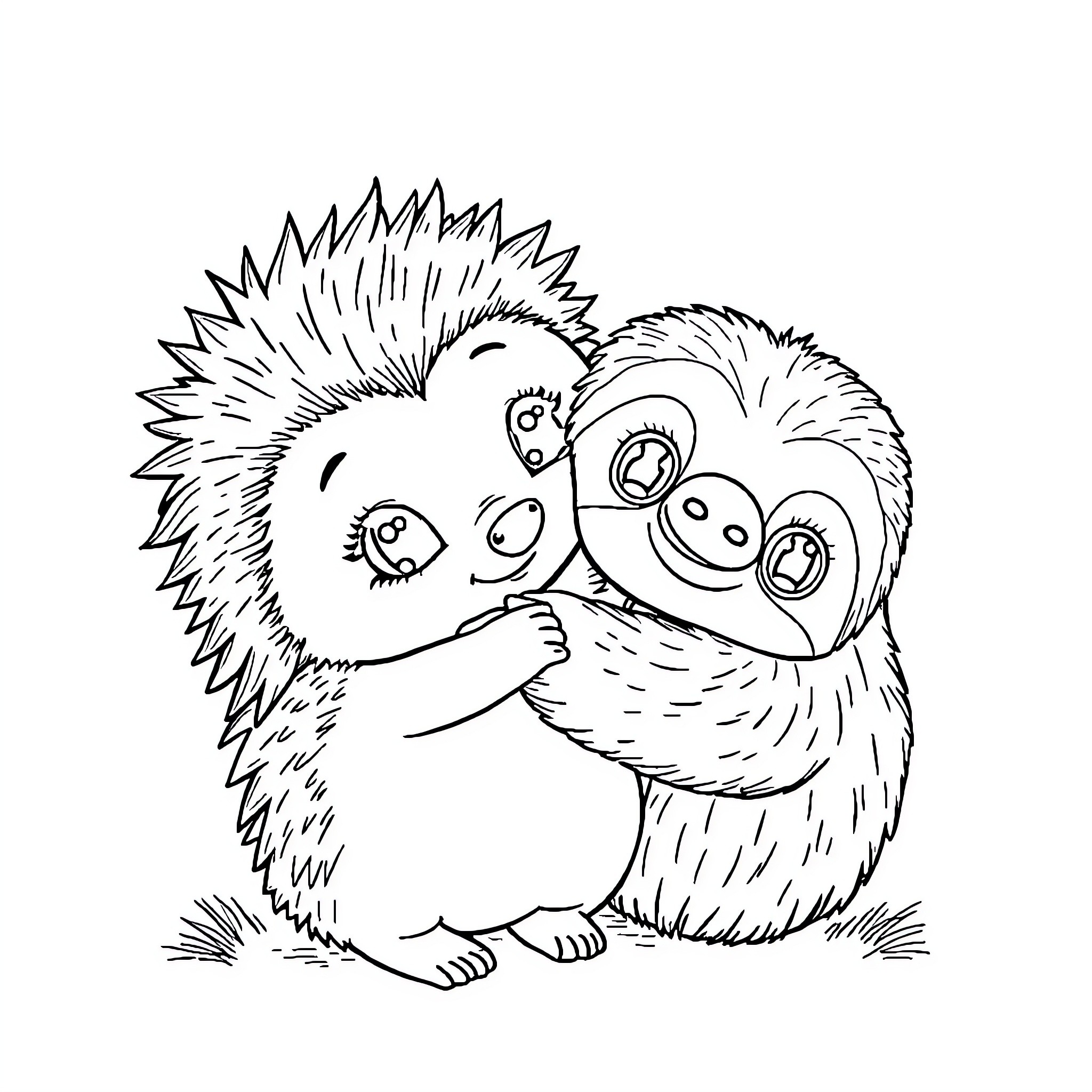 Hedgehog siblings playing and cuddling Coloring Page (free black-and-white line drawing printable PDF for all, from beginners to advanced learners, including children, teens, adults, and seniors)