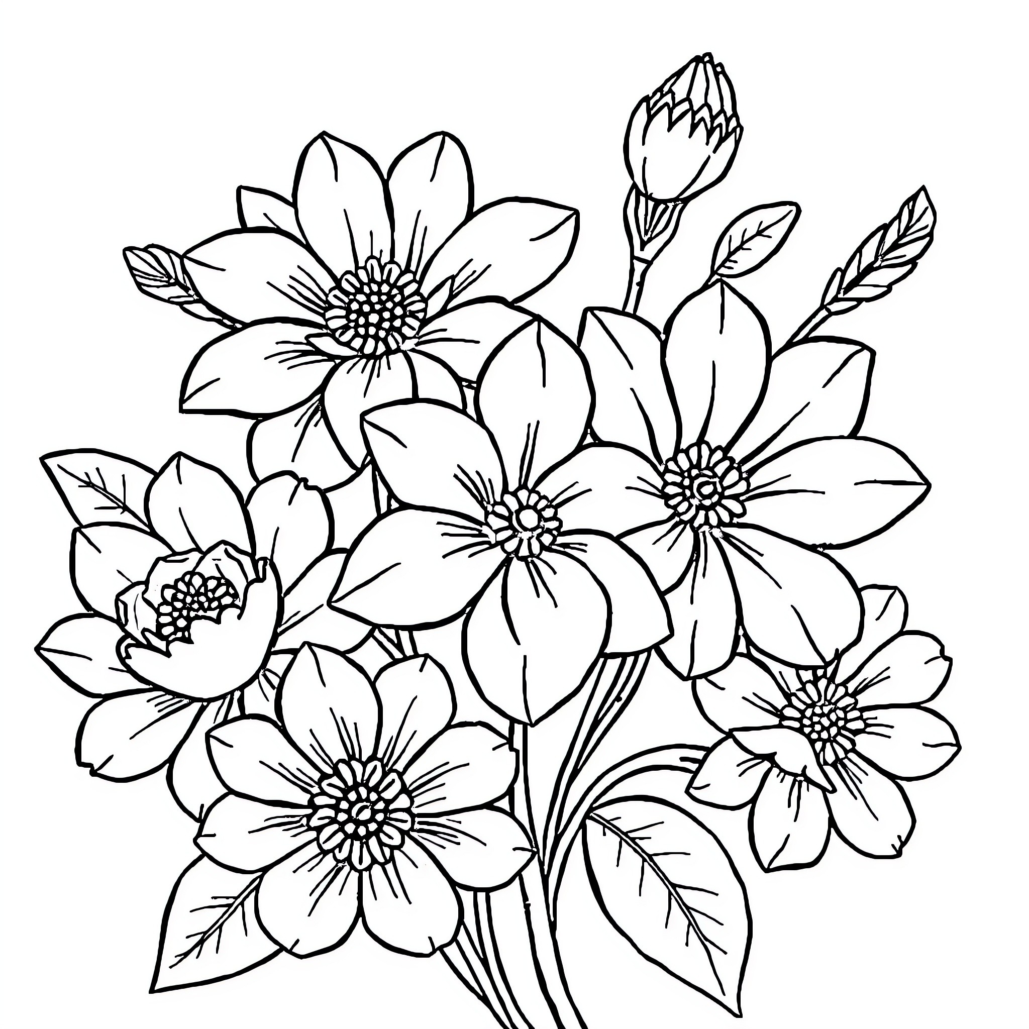 Flower bouquet with detailed floral design Coloring Page (free black-and-white line drawing printable PDF for all, from beginners to advanced learners, including children, teens, adults, and seniors)