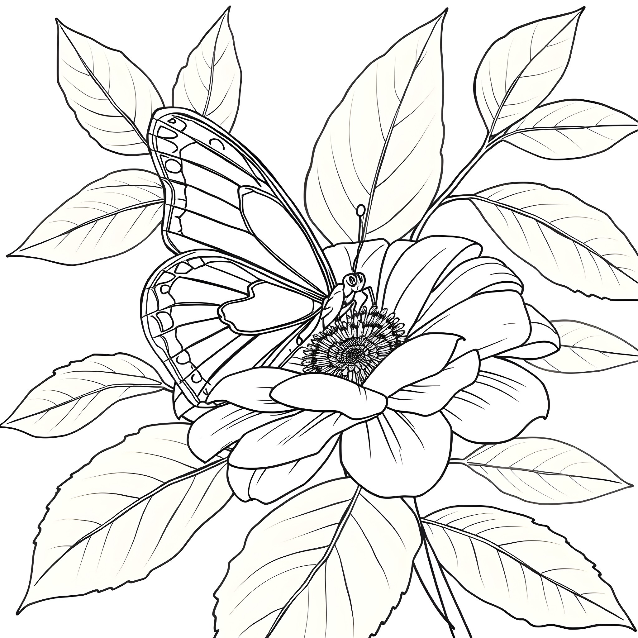 Butterfly resting on a floral arrangement Coloring Page (free black-and-white line drawing printable PDF for all, from beginners to advanced learners, including children, teens, adults, and seniors)