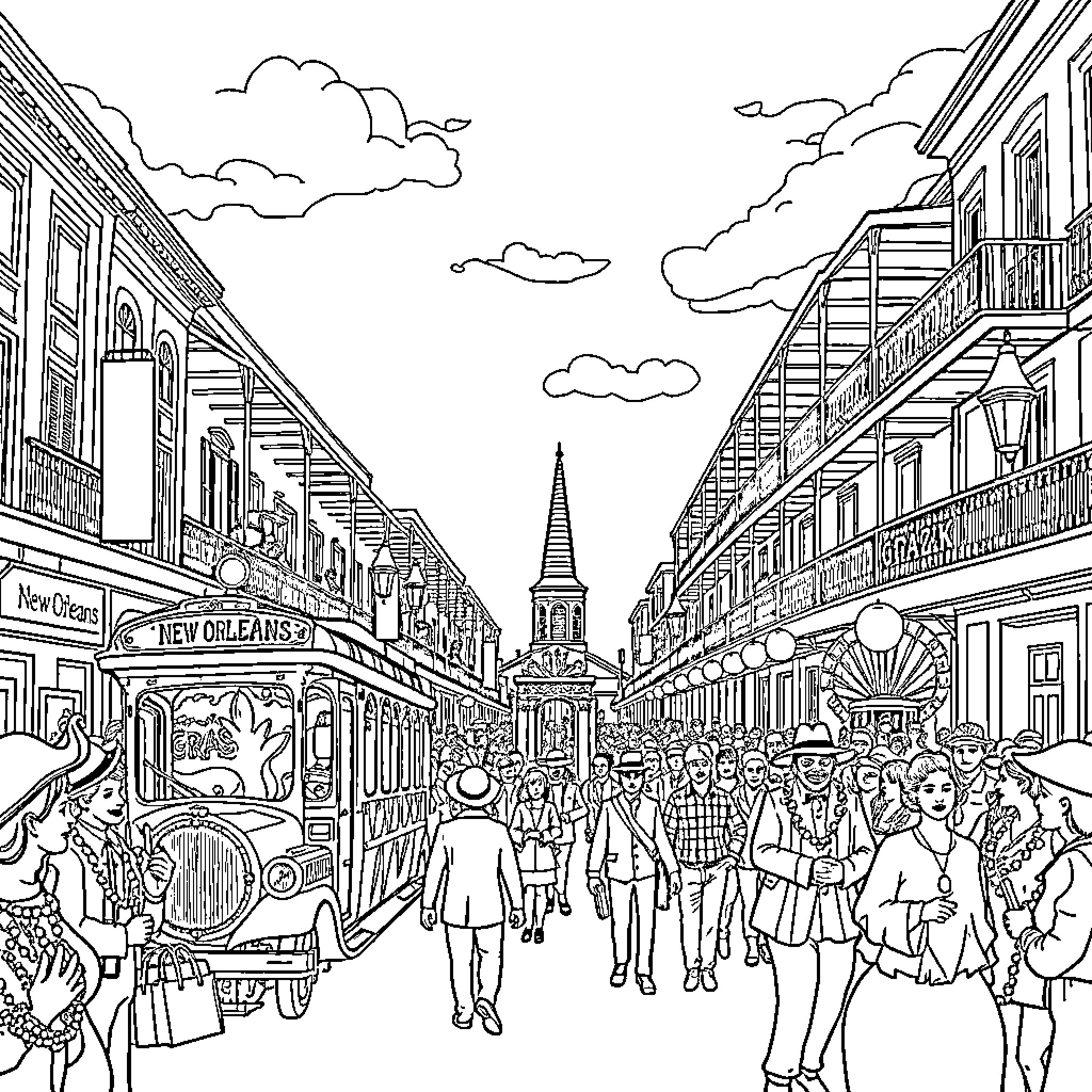 New Orleans Bustling Crowds and Street Scenes Coloring Page (free black-and-white line drawing printable PDF for all, from beginners to advanced learners, including children, teens, adults, and seniors)