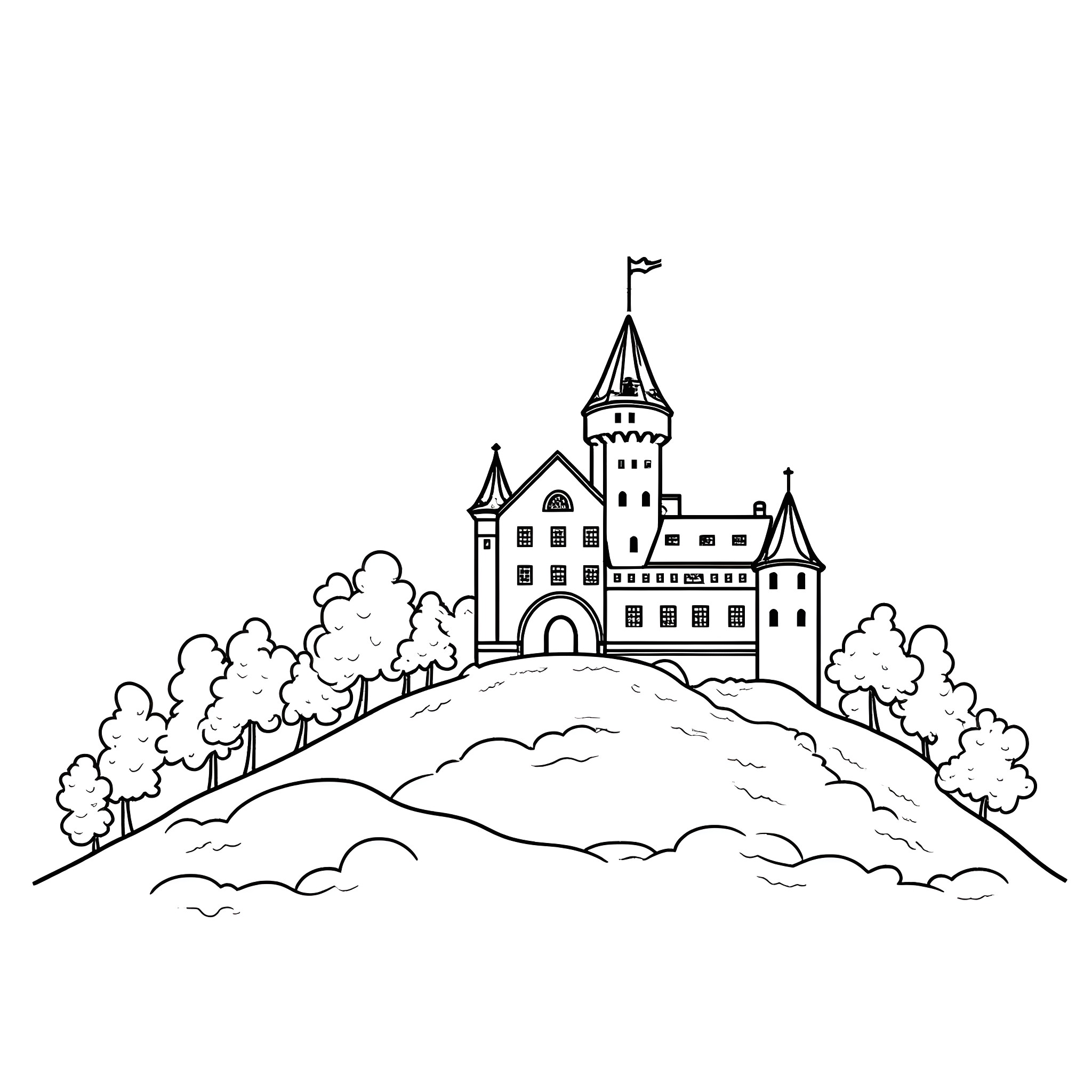 Castle on a hill with trees and clouds Coloring Page (free black-and-white line drawing printable PDF for all, from beginners to advanced learners, including children, teens, adults, and seniors)