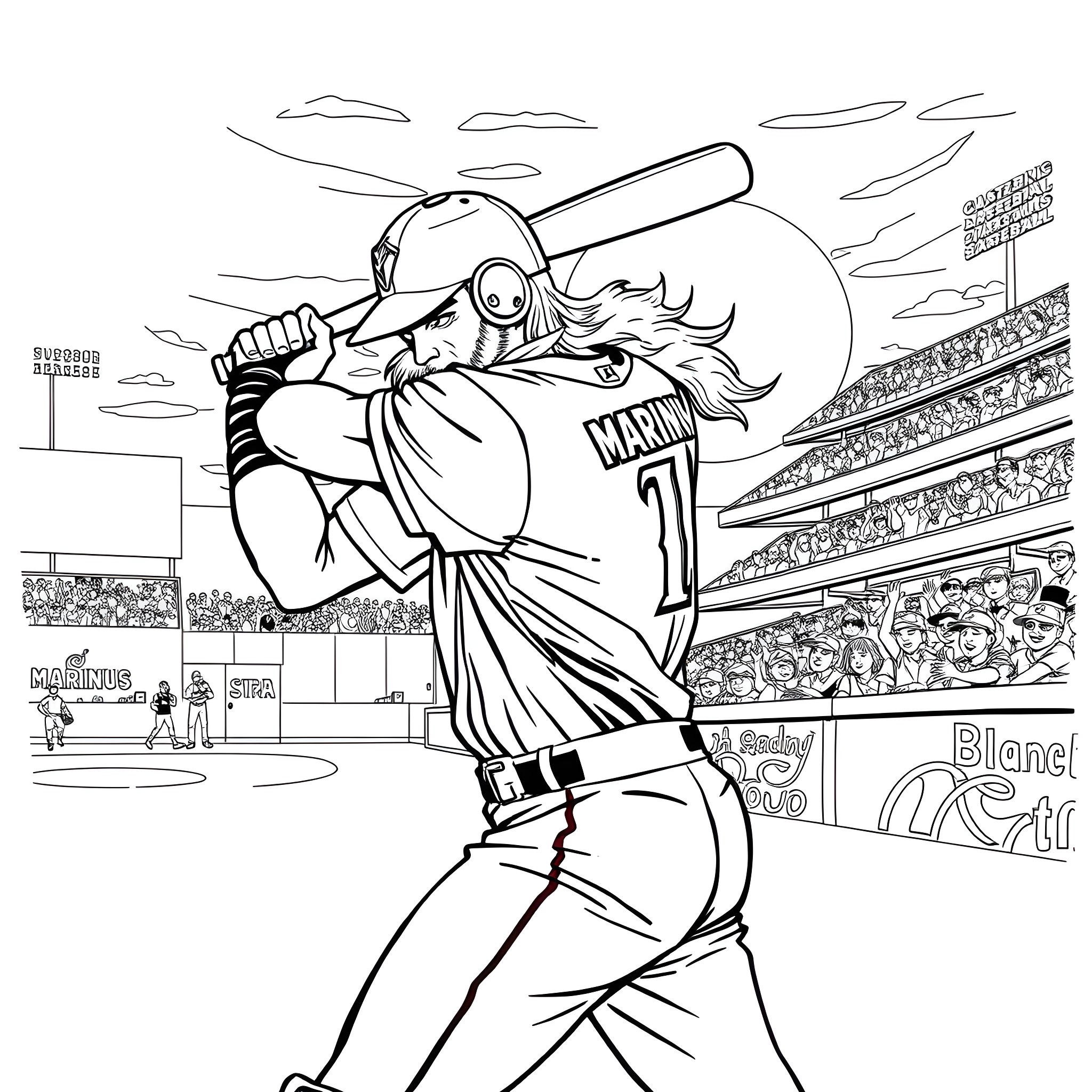 Thor batting in an intense baseball game Coloring Page (free black-and-white line drawing printable PDF for all, from beginners to advanced learners, including children, teens, adults, and seniors)
