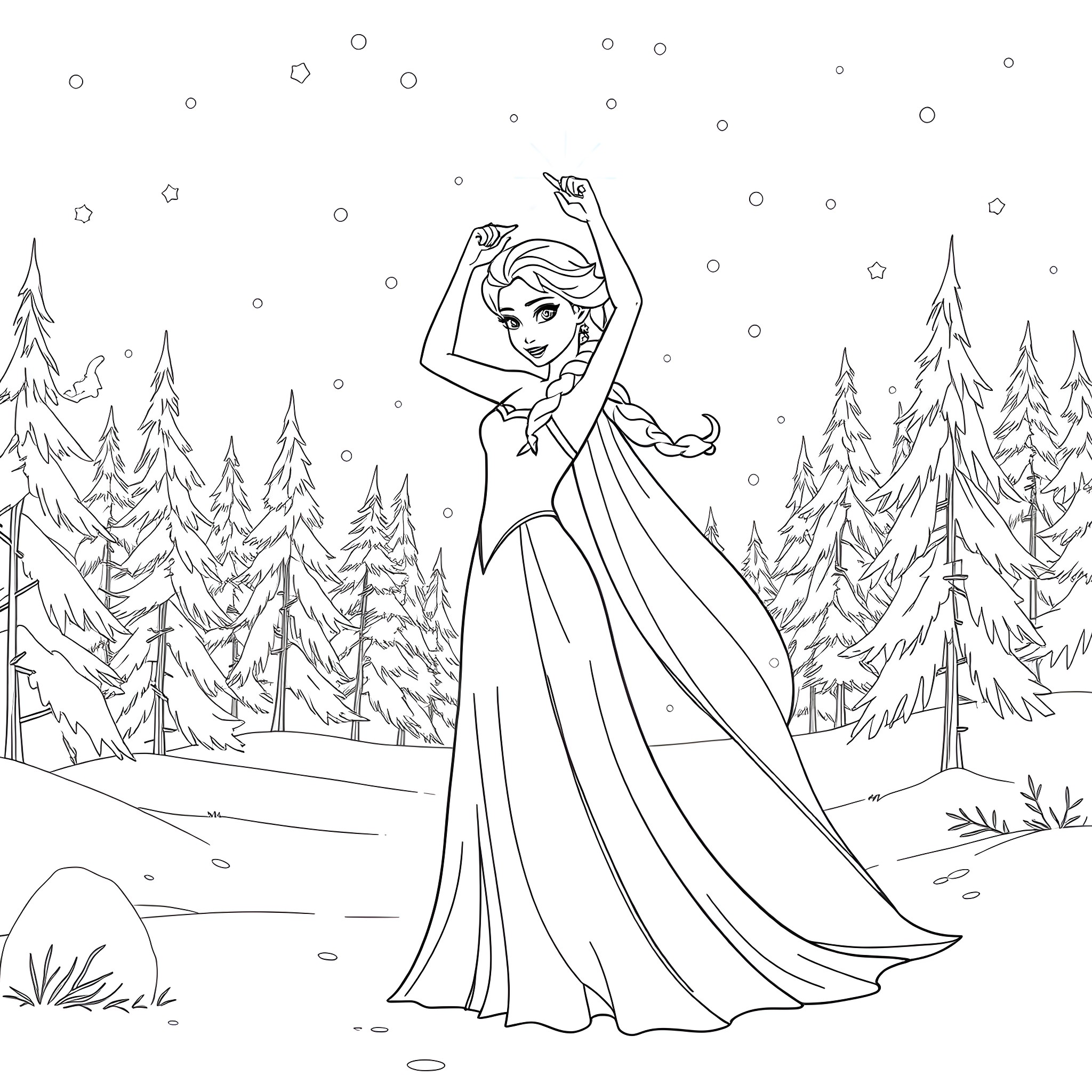 Elsa in a winter wonderland dance Coloring Page (free black-and-white line drawing printable PDF for all, from beginners to advanced learners, including children, teens, adults, and seniors)