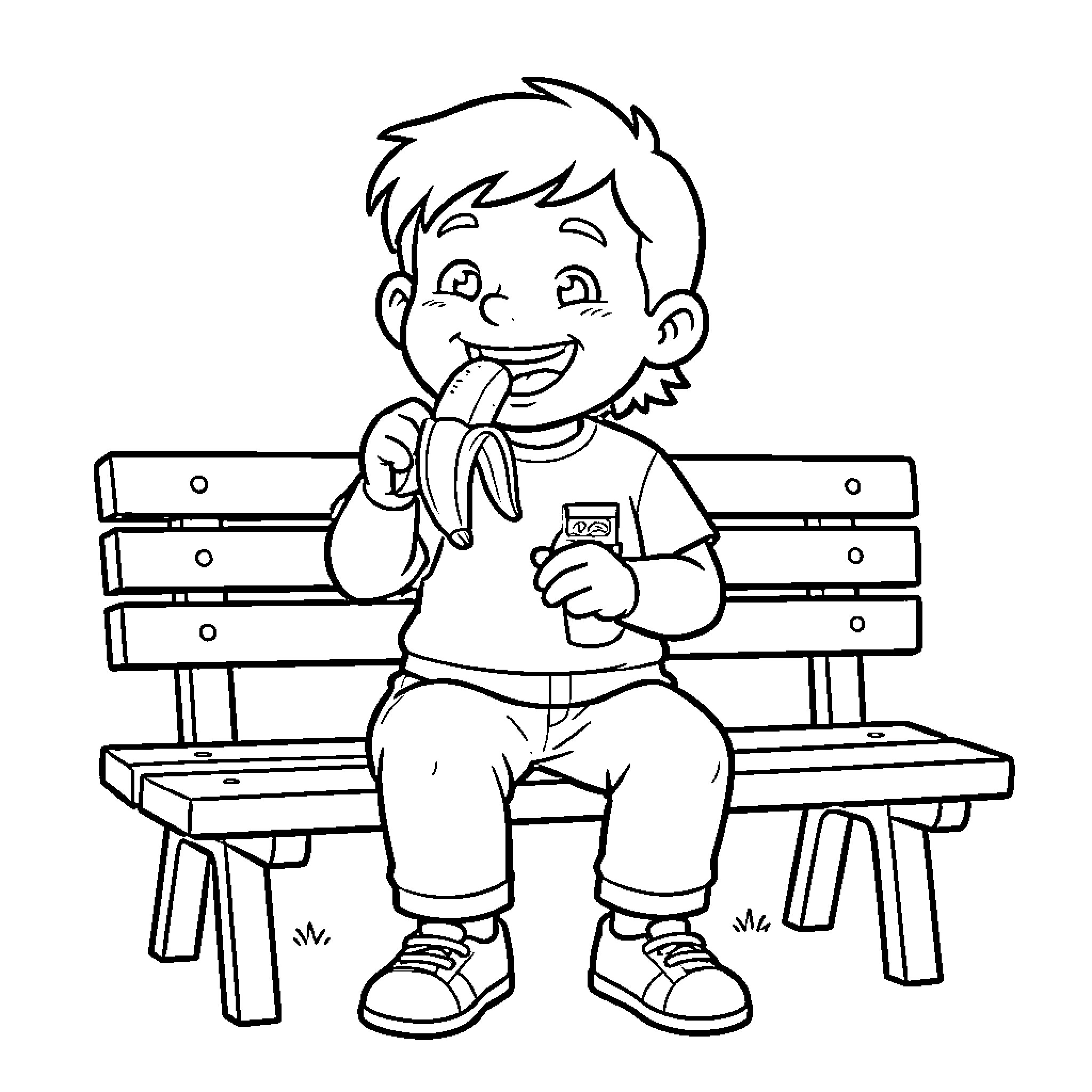 Ruben sitting on a bench eating a banana Coloring Page (free black-and-white line drawing printable PDF for all, from beginners to advanced learners, including children, teens, adults, and seniors)
