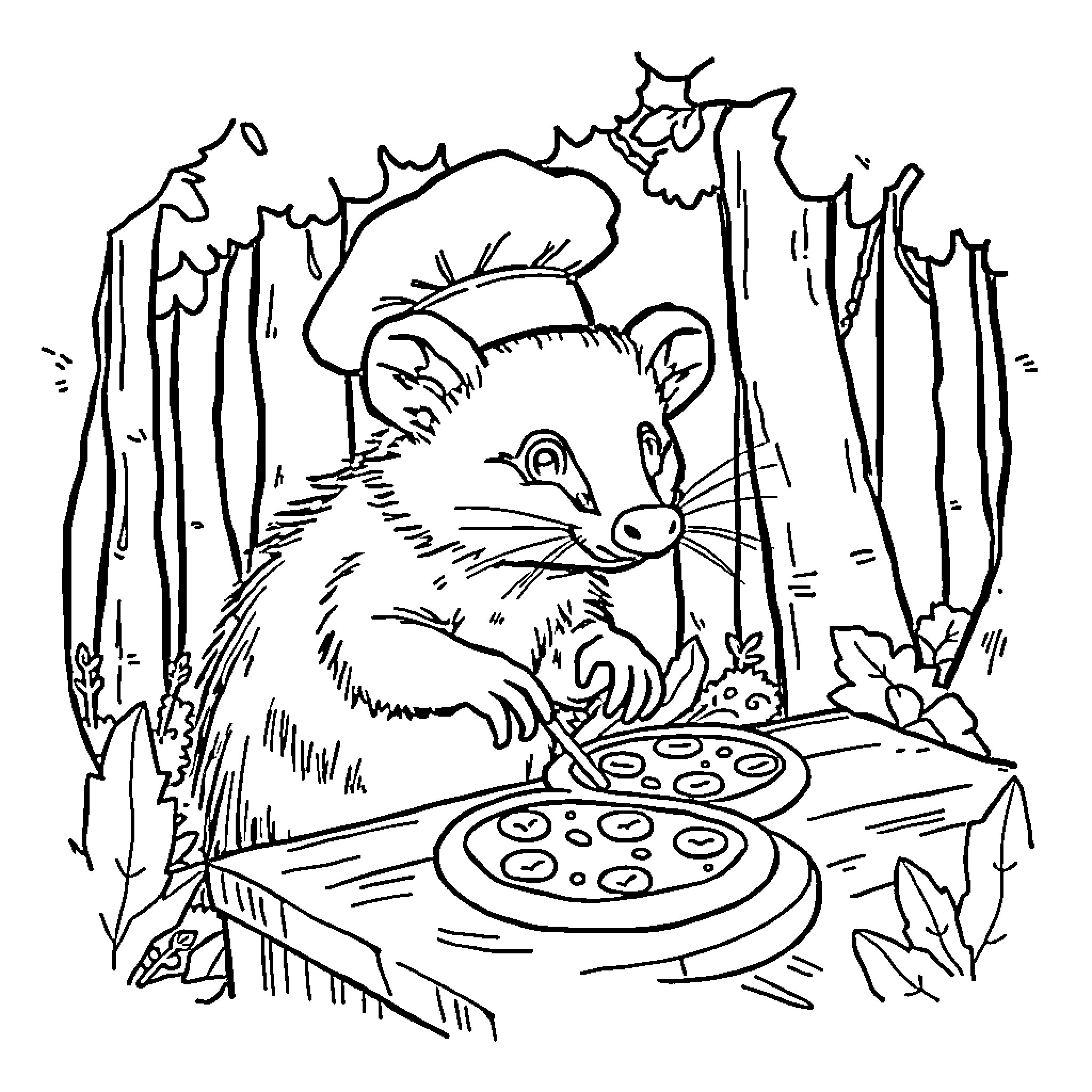 Possum Chef Preparing Delicious Meal in the Forest Coloring Page (free black-and-white line drawing printable PDF for all, from beginners to advanced learners, including children, teens, adults, and seniors)