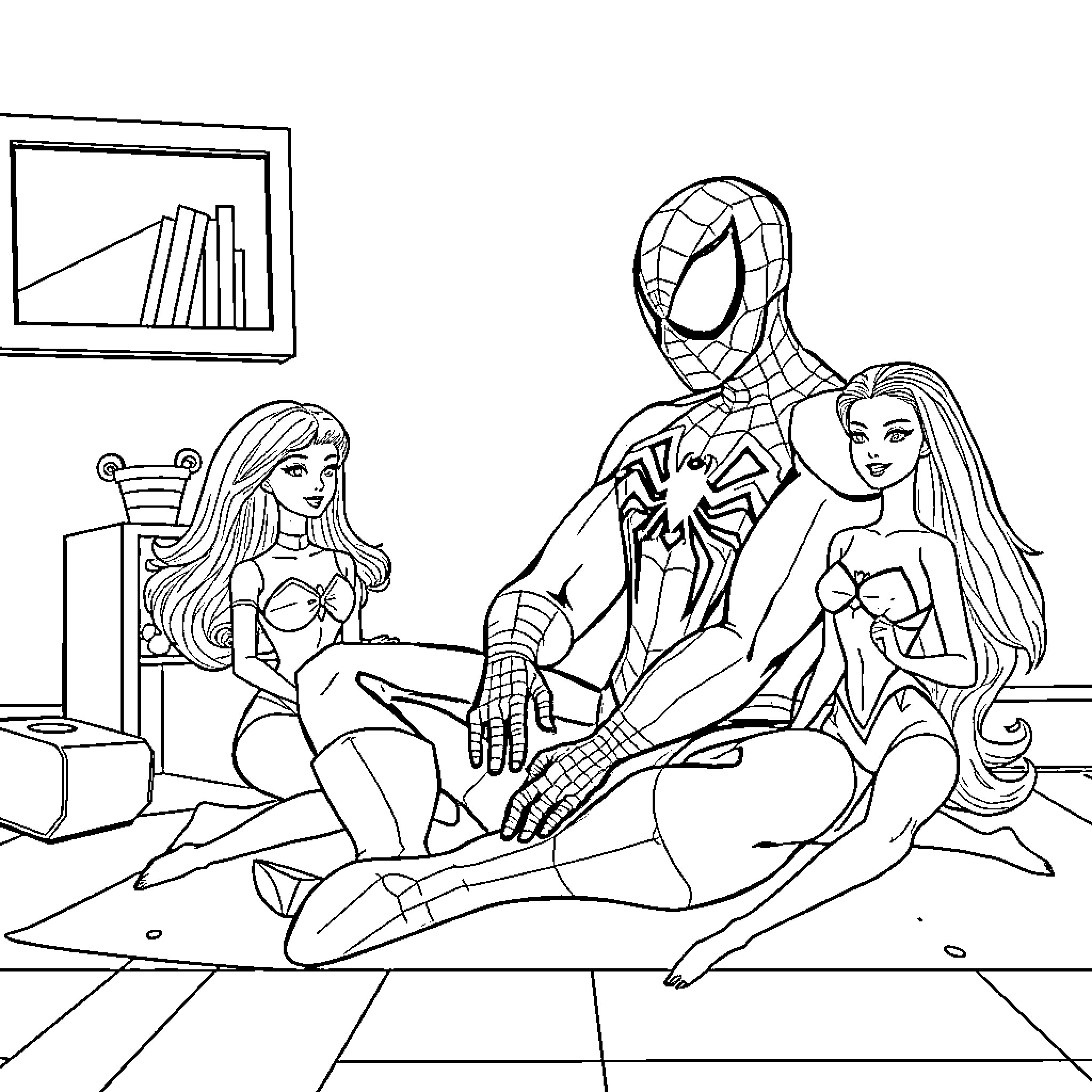 Spiderman with Superhero Friends in Casual Setting Coloring Page (free black-and-white line drawing printable PDF for all, from beginners to advanced learners, including children, teens, adults, and seniors)
