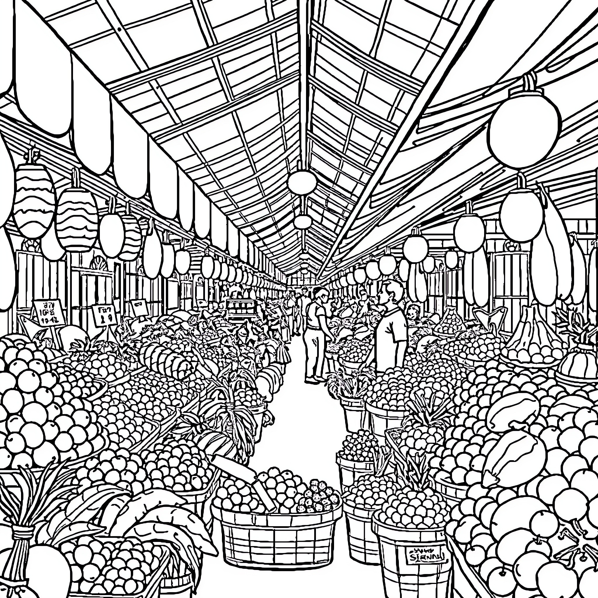 Market bustling with diverse goods and people Coloring Page (free black-and-white line drawing printable PDF for all, from beginners to advanced learners, including children, teens, adults, and seniors)