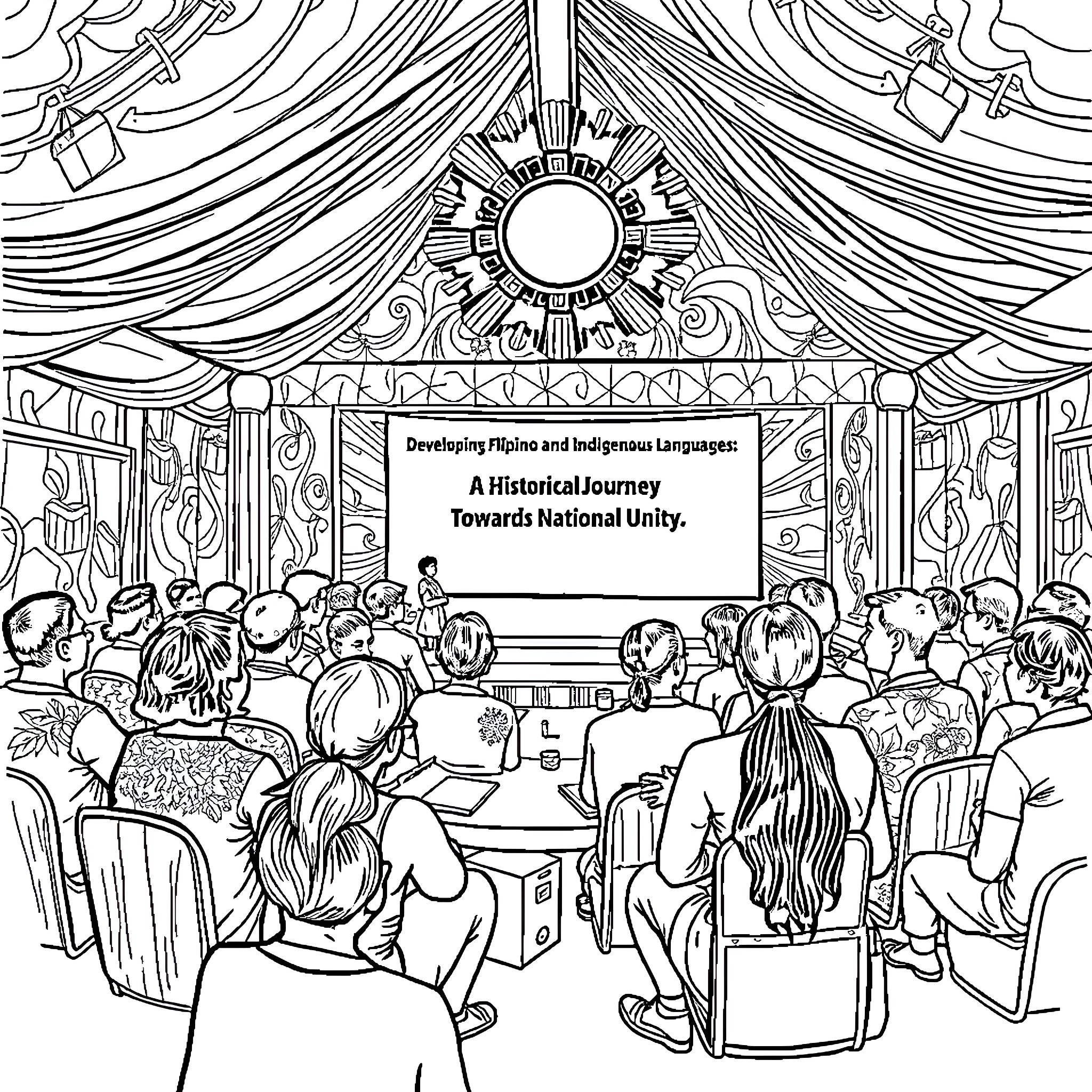 Filipino Presentation on Indigenous Languages and Unity Coloring Page (free black-and-white line drawing printable PDF for all, from beginners to advanced learners, including children, teens, adults, and seniors)