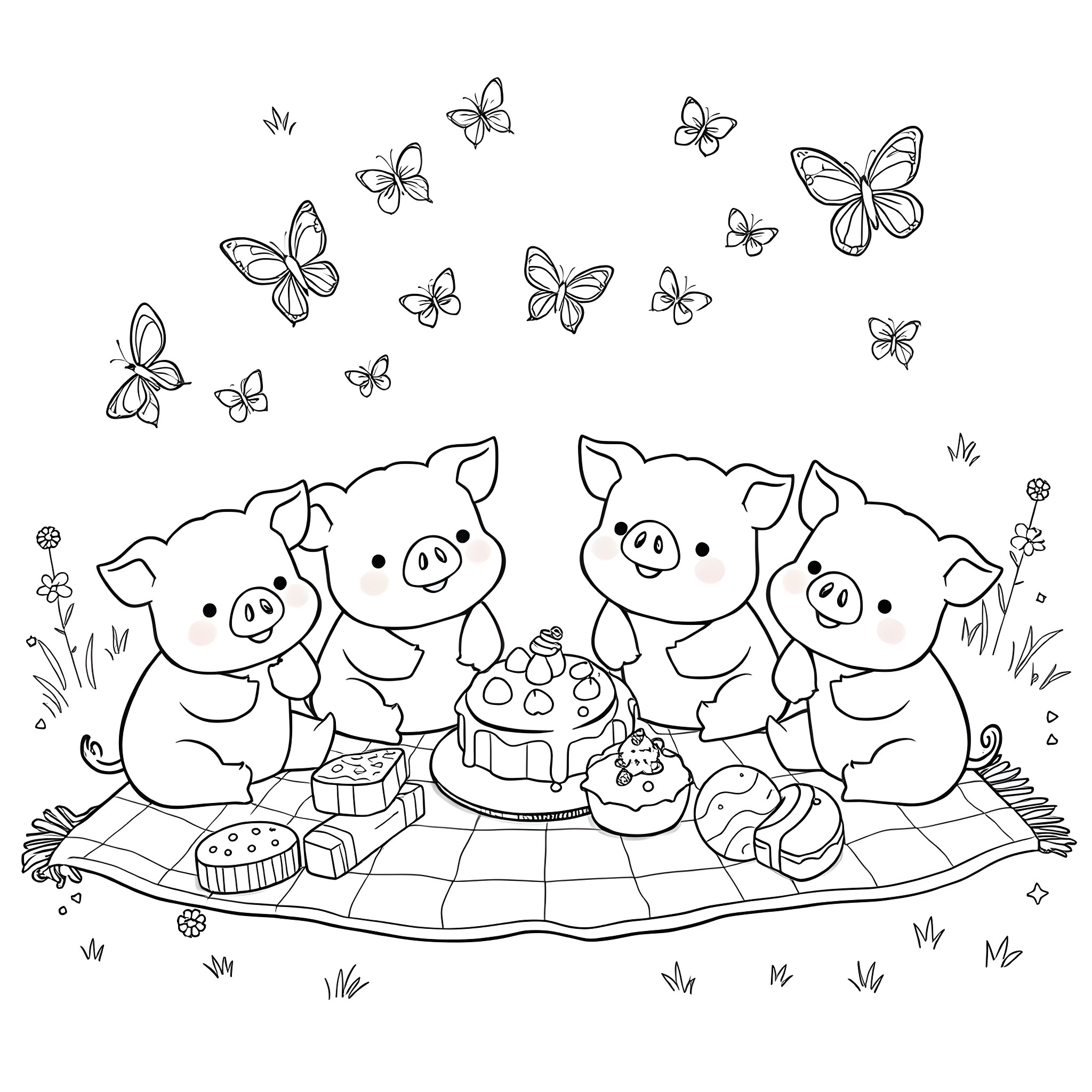Pigs enjoying a picnic with butterflies Coloring Page (free black-and-white line drawing printable PDF for all, from beginners to advanced learners, including children, teens, adults, and seniors)