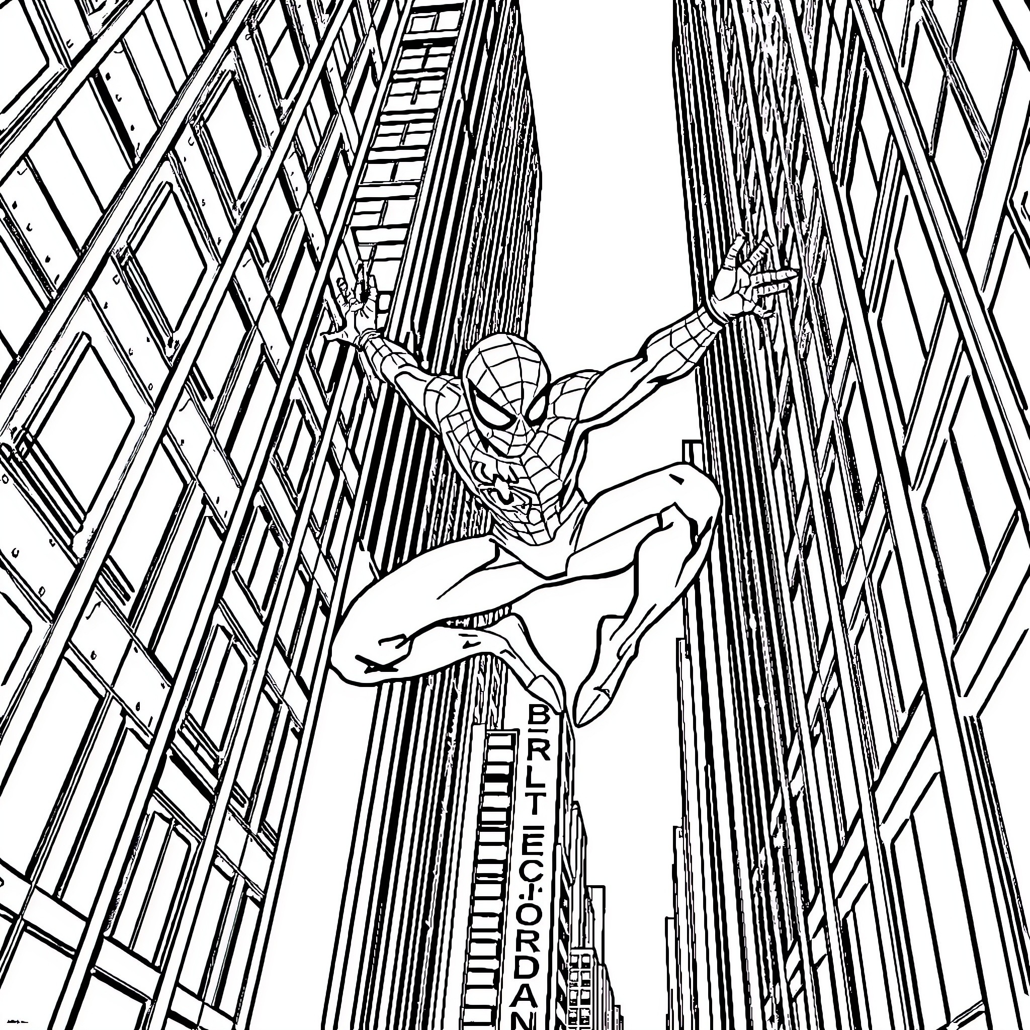 Spider-Man swinging through city skyscrapers Coloring Page (free black-and-white line drawing printable PDF for all, from beginners to advanced learners, including children, teens, adults, and seniors)