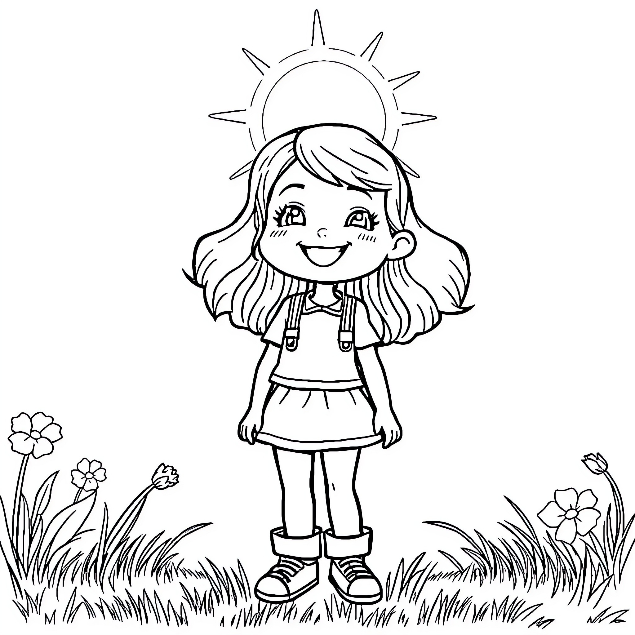 Harper's Joyous Outdoor Adventure Coloring Page (free black-and-white line drawing printable PDF for all, from beginners to advanced learners, including children, teens, adults, and seniors)