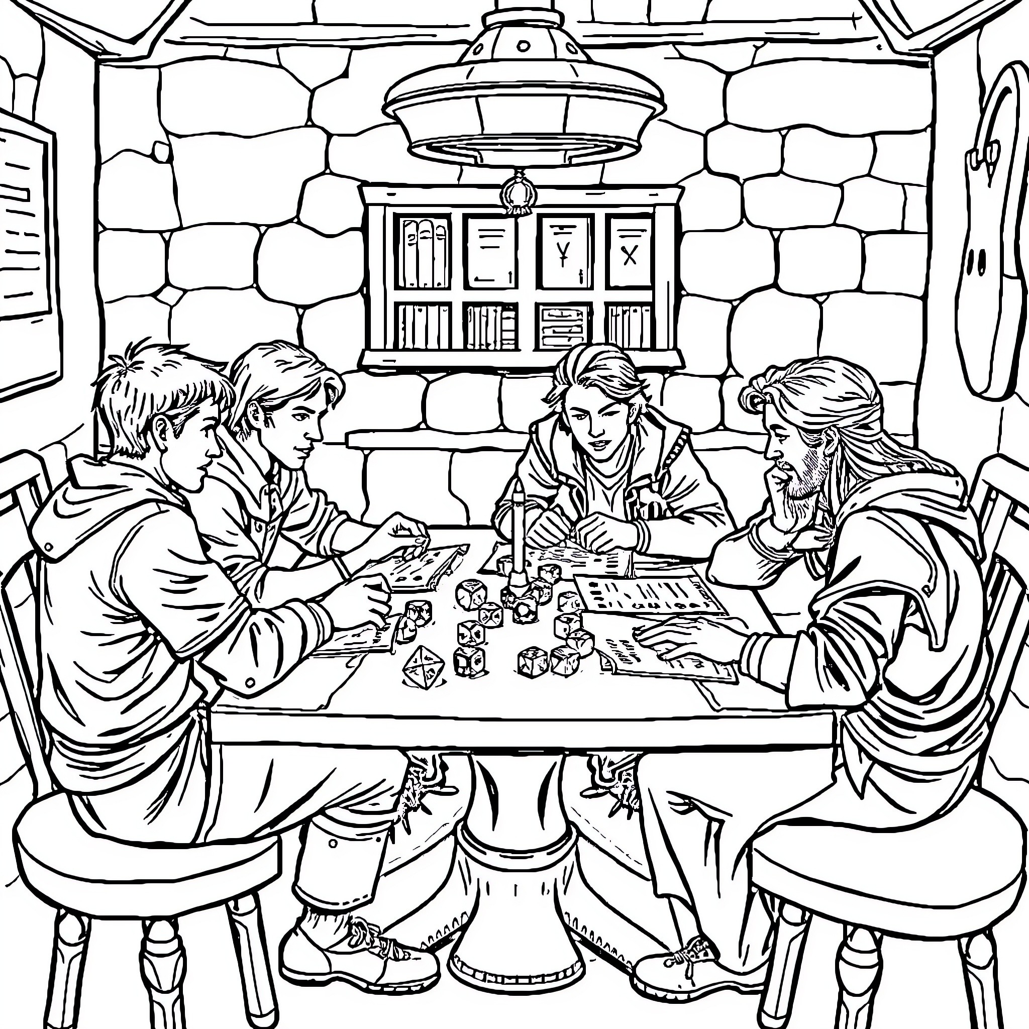 Dungeon Friends Gathering for a Tabletop Game Coloring Page (free black-and-white line drawing printable PDF for all, from beginners to advanced learners, including children, teens, adults, and seniors)
