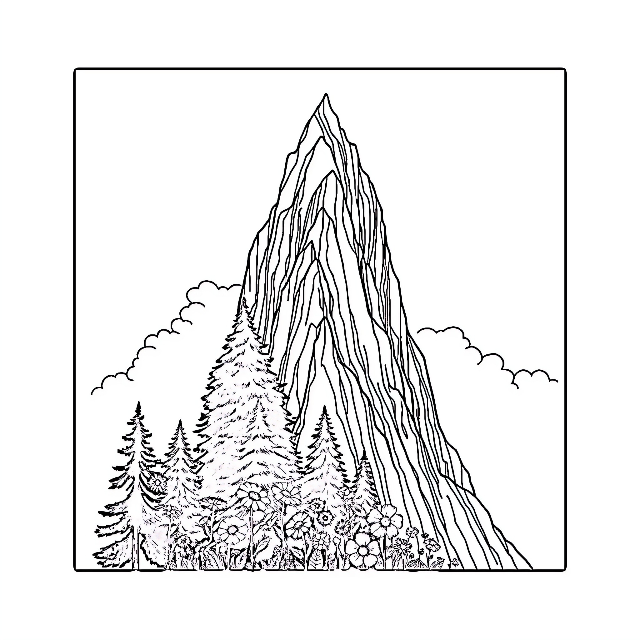 Mountain peak with trees and flowers Coloring Page (free black-and-white line drawing printable PDF for all, from beginners to advanced learners, including children, teens, adults, and seniors)
