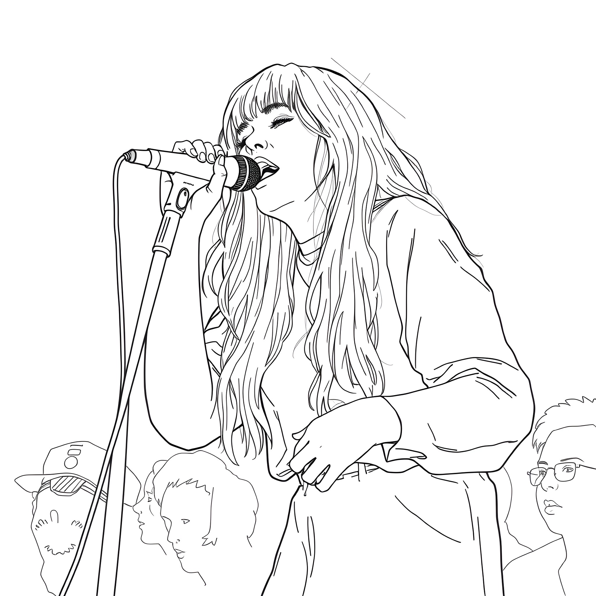 Billie Eilish performing on stage with microphone Coloring Page (free black-and-white line drawing printable PDF for all, from beginners to advanced learners, including children, teens, adults, and seniors)
