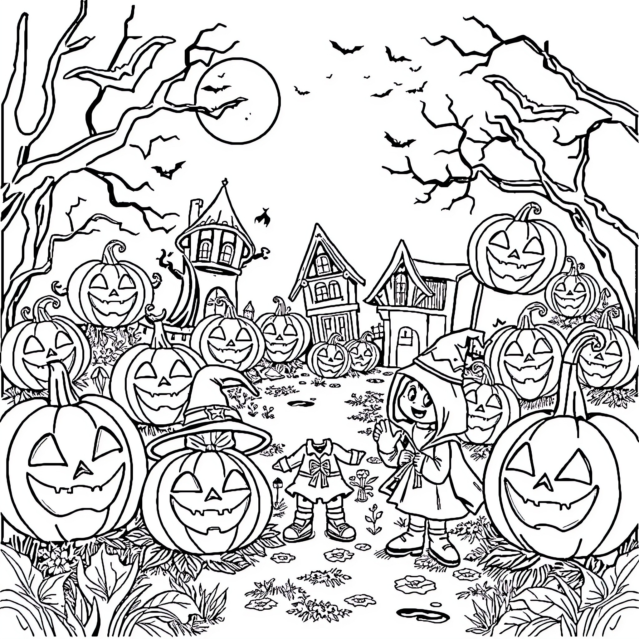 Halloween Night in a Spooky Neighborhood Coloring Page (free black-and-white line drawing printable PDF for all, from beginners to advanced learners, including children, teens, adults, and seniors)