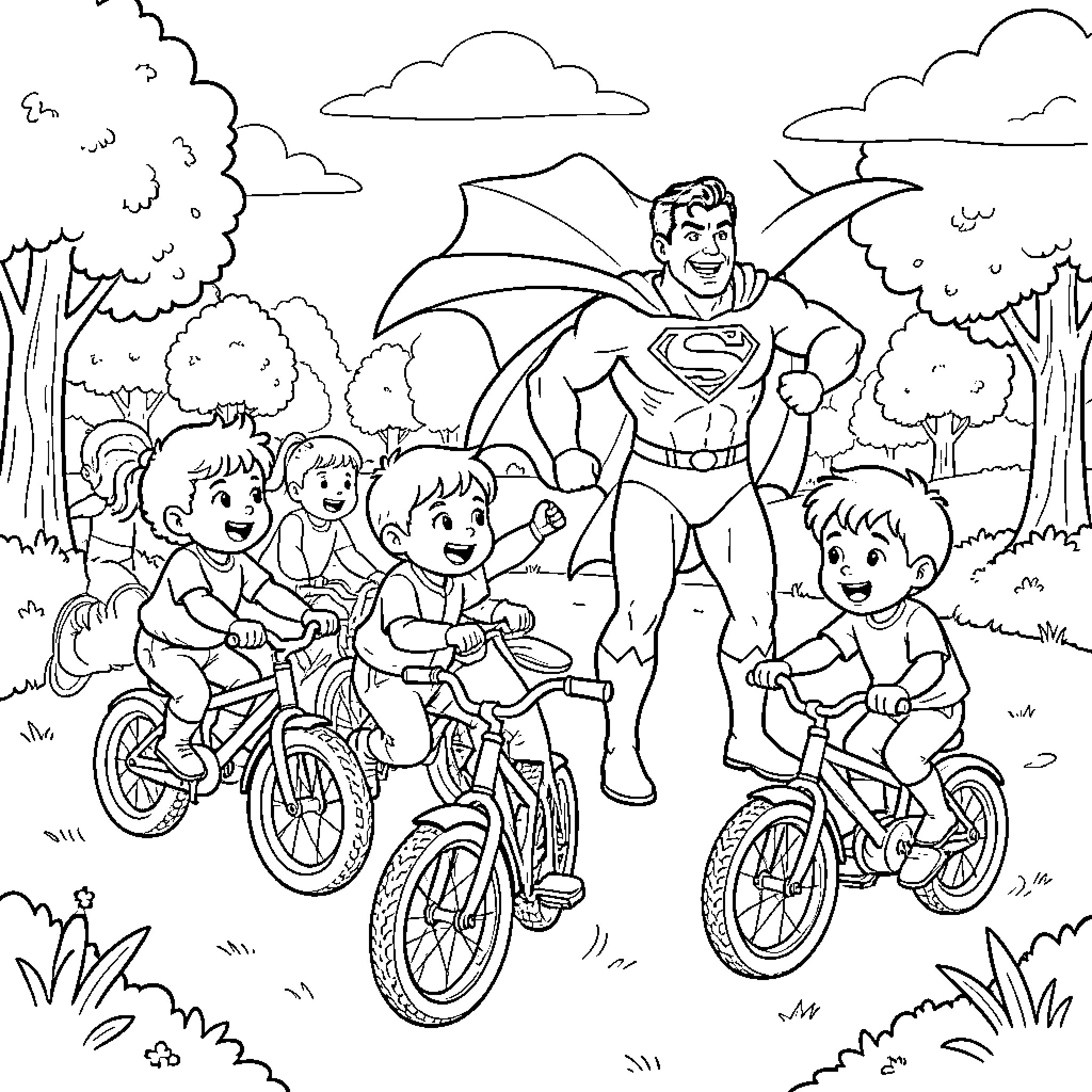Superman standing heroically with children riding bicycles Coloring Page (free black-and-white line drawing printable PDF for all, from beginners to advanced learners, including children, teens, adults, and seniors)