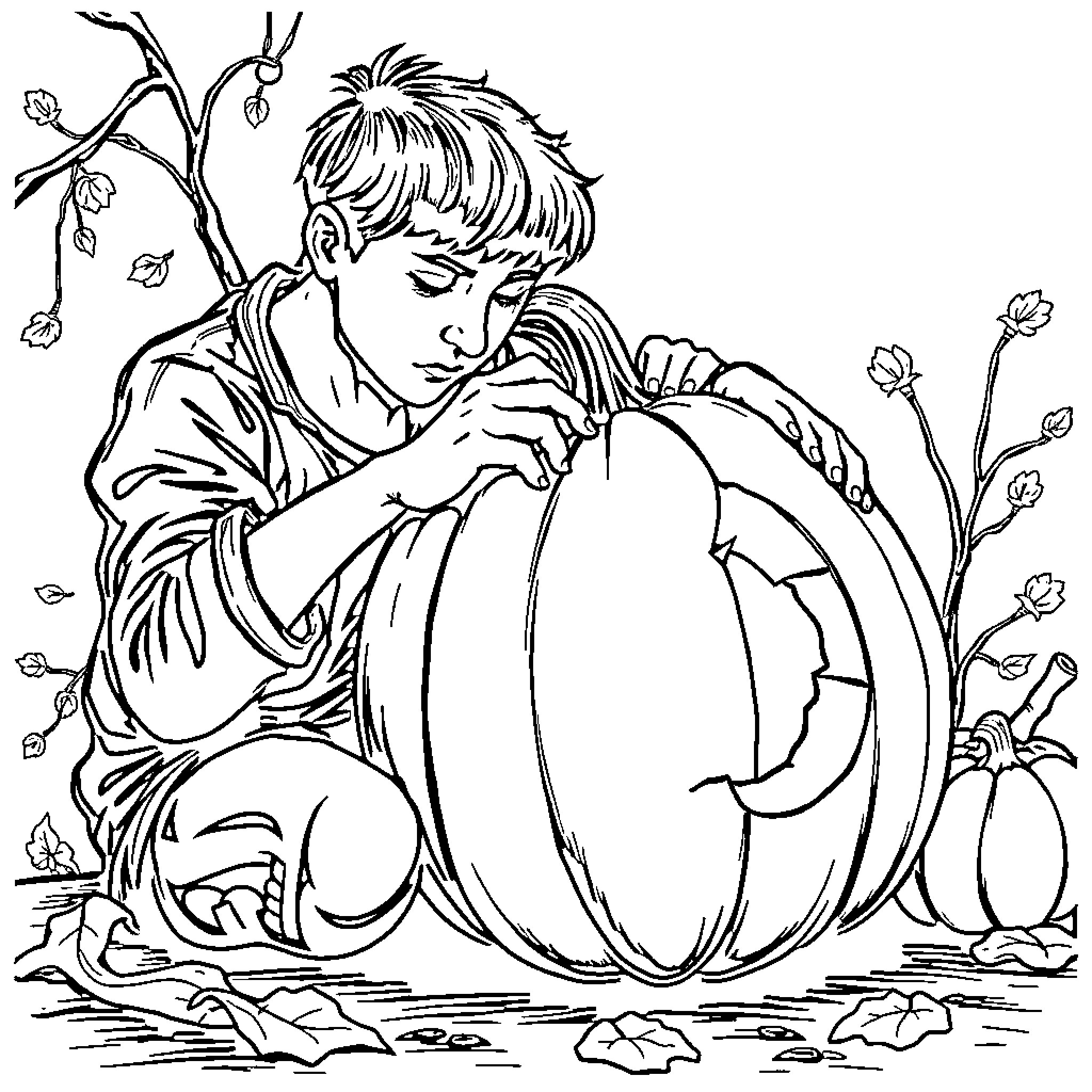 Pumpkin boy admiring the autumn harvest Coloring Page (free black-and-white line drawing printable PDF for all, from beginners to advanced learners, including children, teens, adults, and seniors)