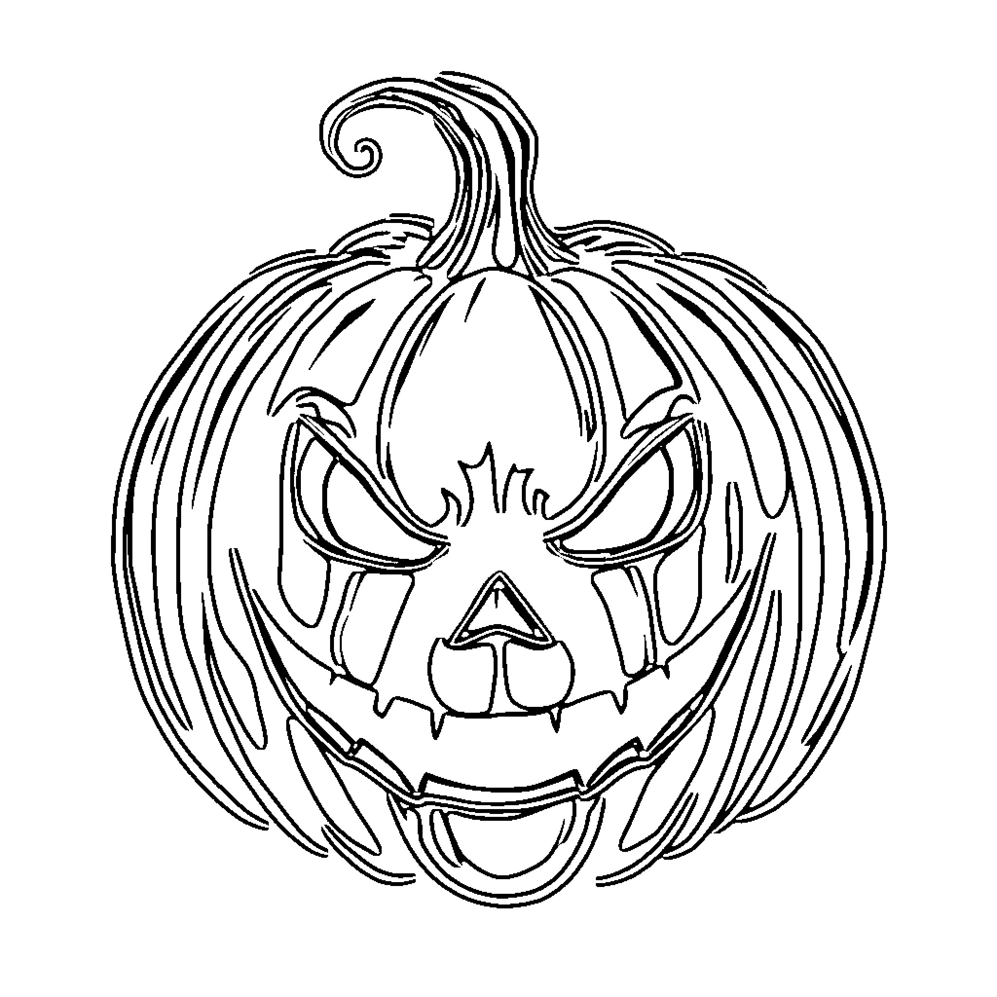 Pumpkin with an eerie carved expression Coloring Page (free black-and-white line drawing printable PDF for all, from beginners to advanced learners, including children, teens, adults, and seniors)
