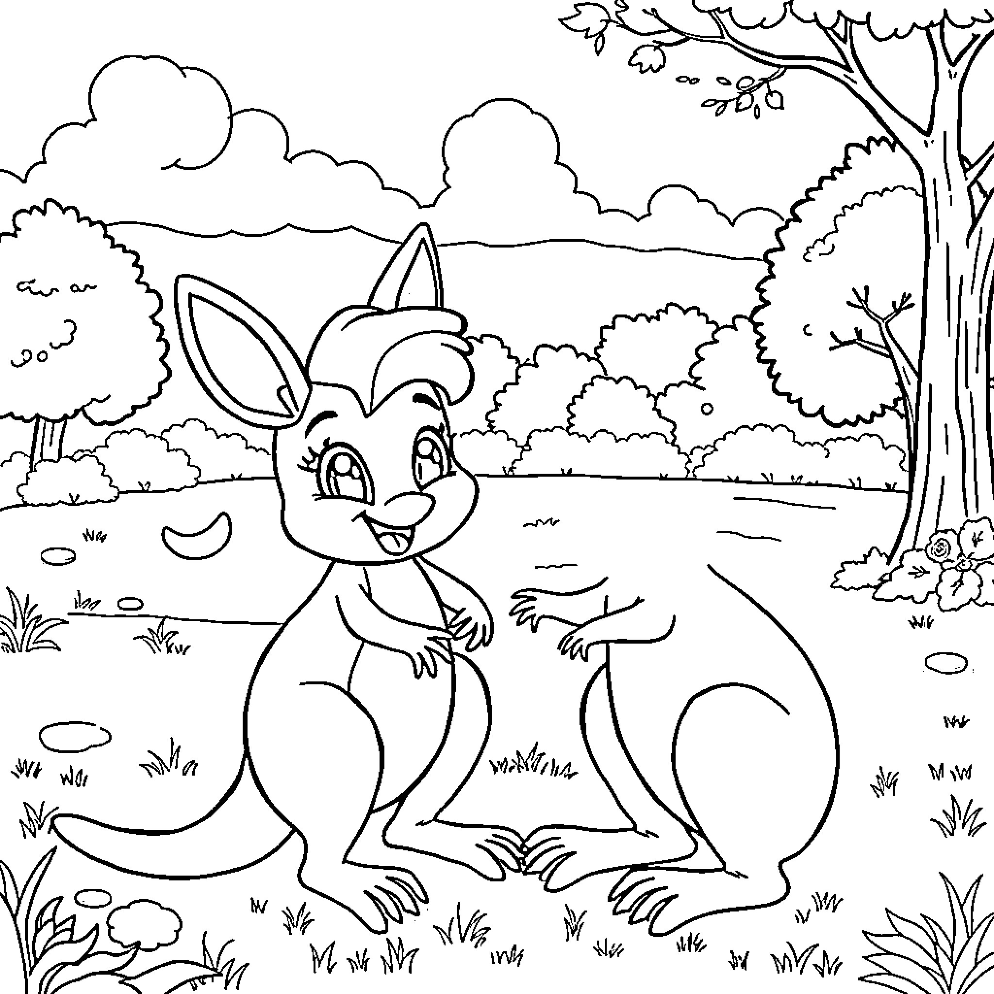 Pinkie Sprunki explores the forest with glee Coloring Page (free black-and-white line drawing printable PDF for all, from beginners to advanced learners, including children, teens, adults, and seniors)