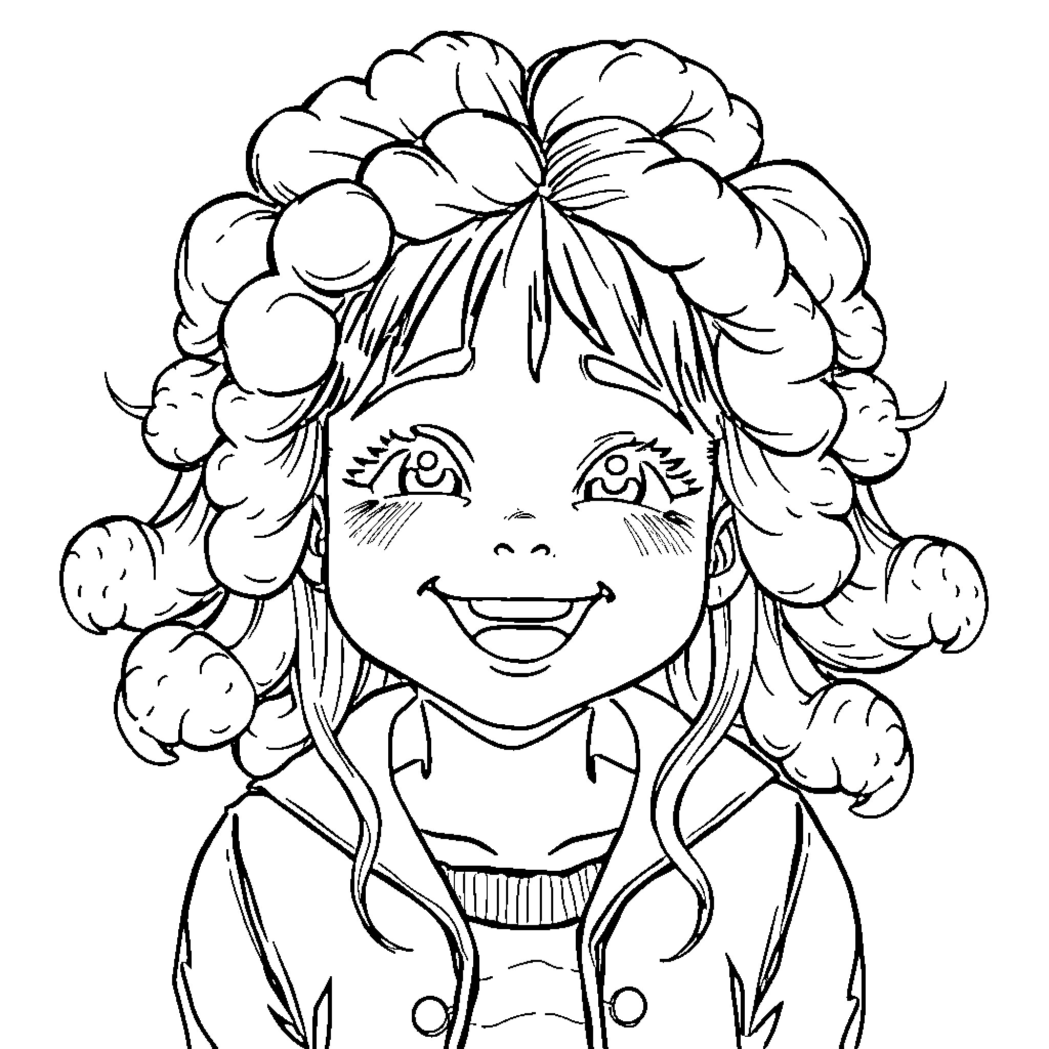 Girl with Cheerful Expression and Curly Hair Coloring Page (free black-and-white line drawing printable PDF for all, from beginners to advanced learners, including children, teens, adults, and seniors)