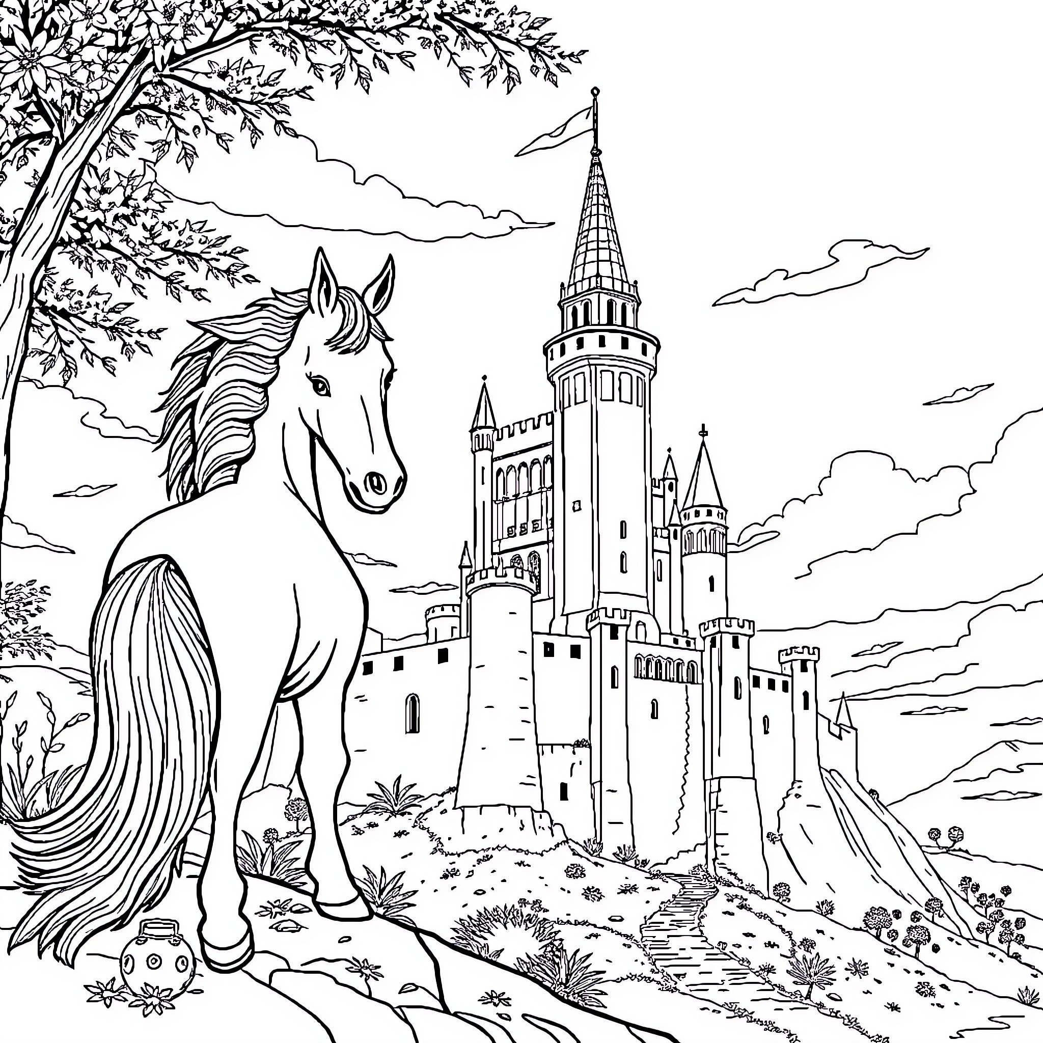 Knight's Enchanted Castle and Majestic Steed Coloring Page (free black-and-white line drawing printable PDF for all, from beginners to advanced learners, including children, teens, adults, and seniors)