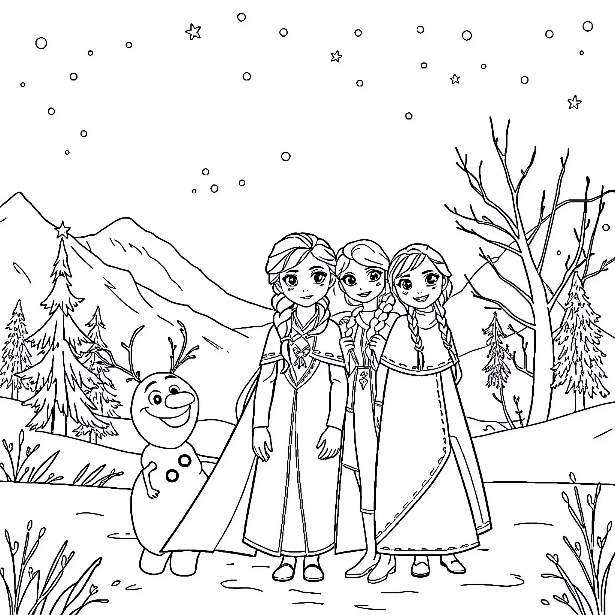 Frozen Characters Enjoying Wintry Outdoor Scene Coloring Page (free black-and-white line drawing printable PDF for all, from beginners to advanced learners, including children, teens, adults, and seniors)