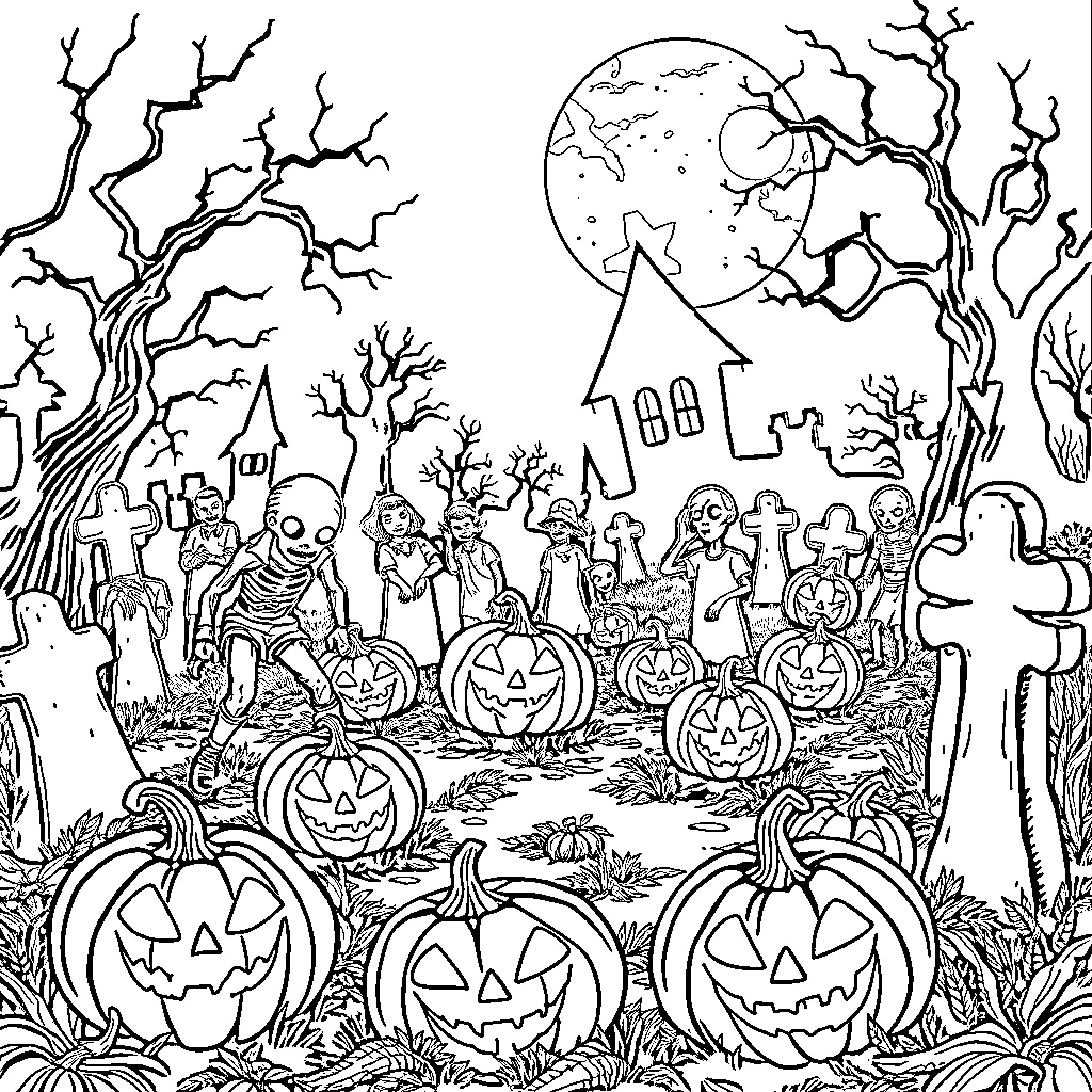 Zombie Halloween Gathering in Haunted Graveyard Coloring Page (free black-and-white line drawing printable PDF for all, from beginners to advanced learners, including children, teens, adults, and seniors)