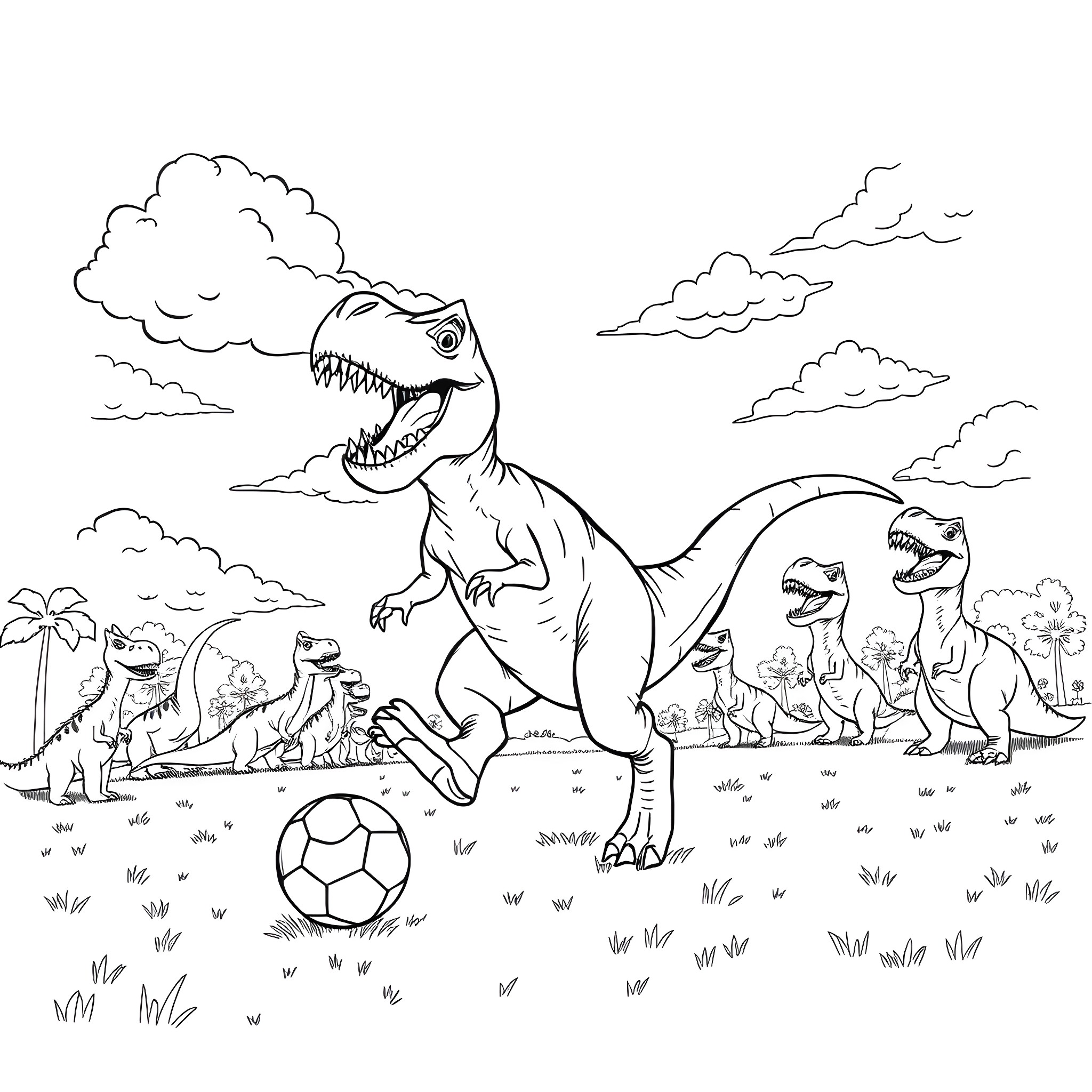 T-Rex Dinosaurs Playing Soccer in the Park Coloring Page (free black-and-white line drawing printable PDF for all, from beginners to advanced learners, including children, teens, adults, and seniors)