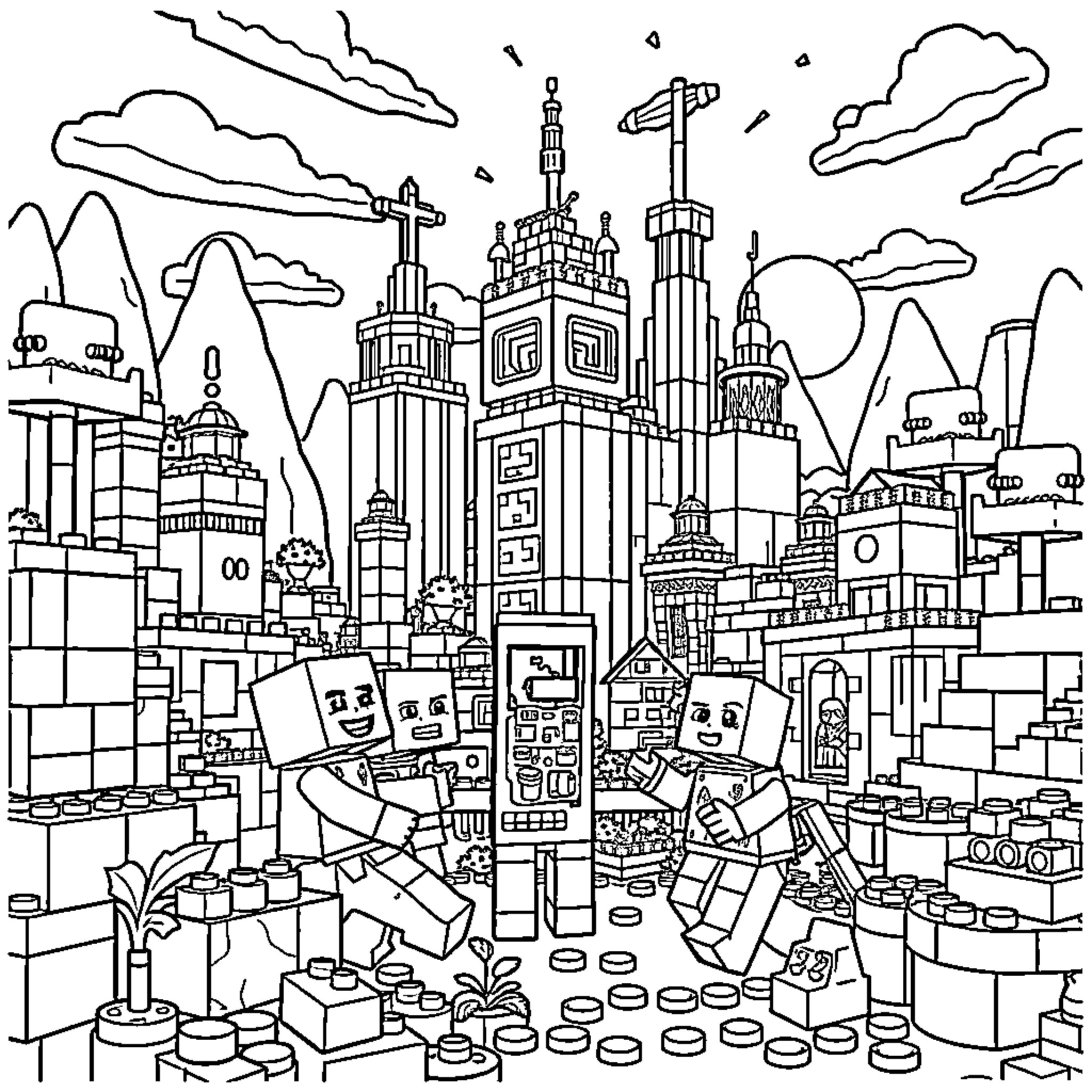Minecraft characters exploring a bustling metropolis Coloring Page (free black-and-white line drawing printable PDF for all, from beginners to advanced learners, including children, teens, adults, and seniors)