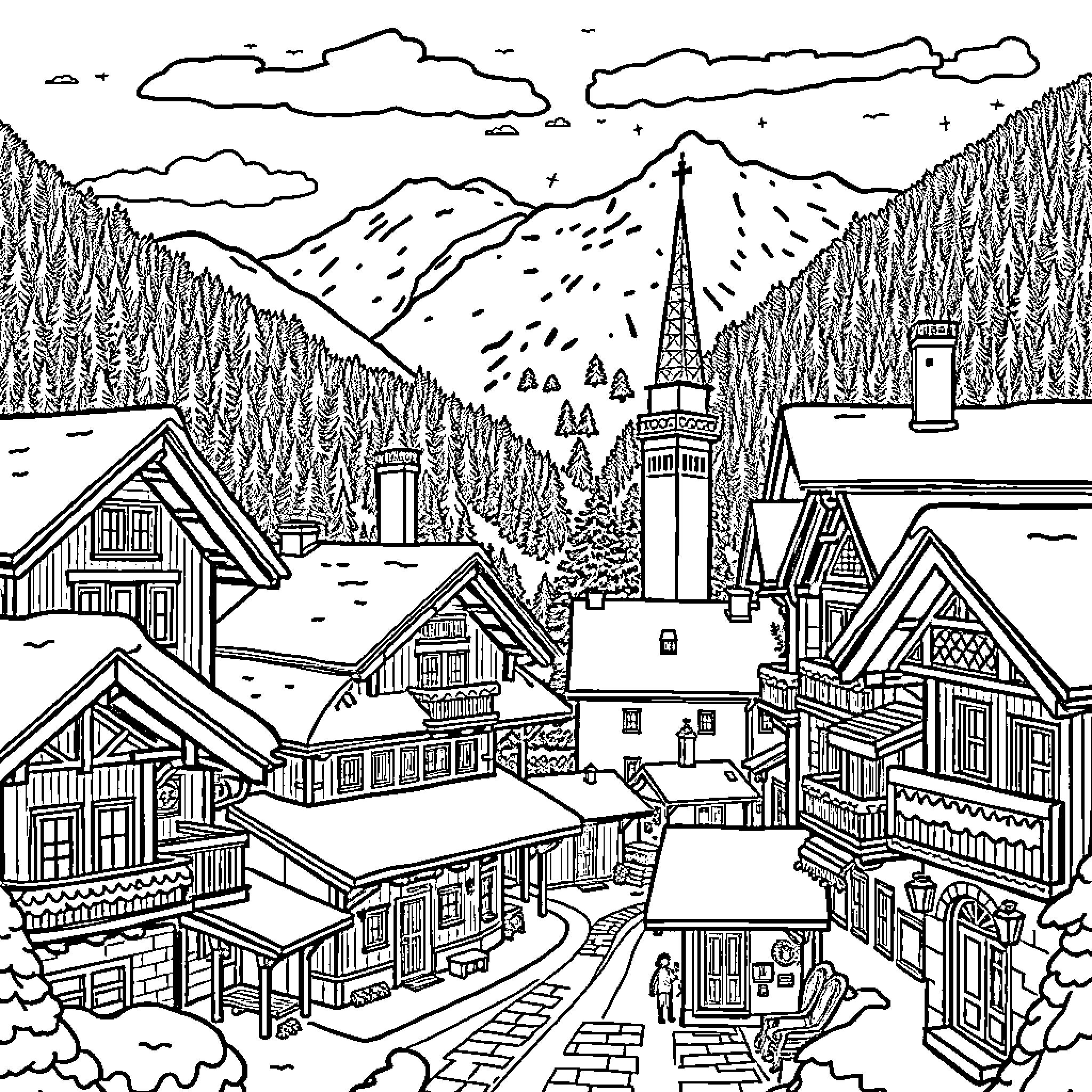 Mountain Town with Scenic Landscape and Architecture Coloring Page (free black-and-white line drawing printable PDF for all, from beginners to advanced learners, including children, teens, adults, and seniors)