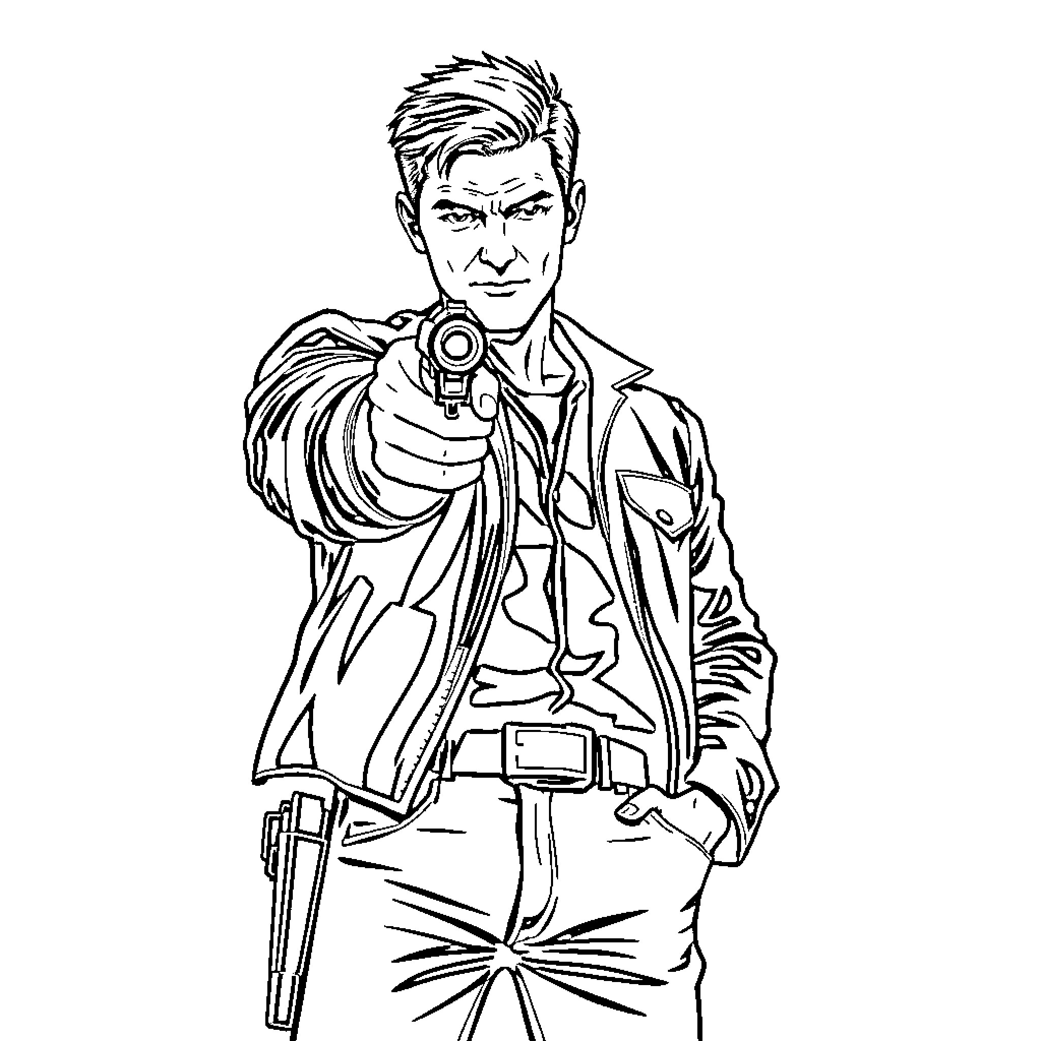 Leon Kennedy in action with gun and serious expression Coloring Page (free black-and-white line drawing printable PDF for all, from beginners to advanced learners, including children, teens, adults, and seniors)