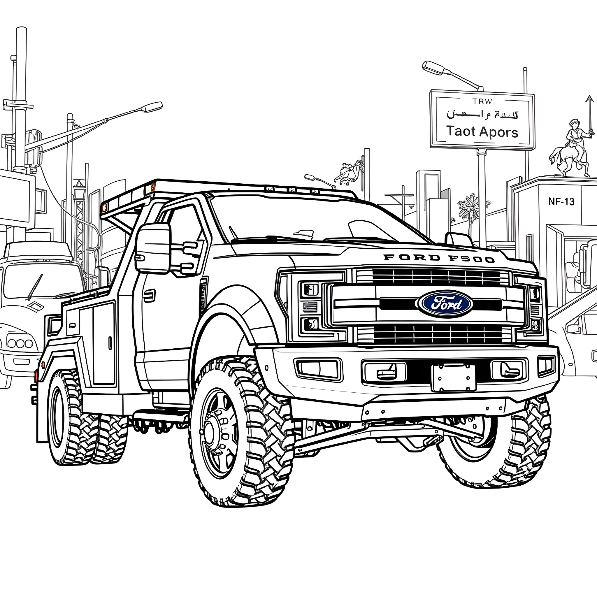 Tow Truck Assisting Stranded Vehicle on City Street Coloring Page (free black-and-white line drawing printable PDF for all, from beginners to advanced learners, including children, teens, adults, and seniors)