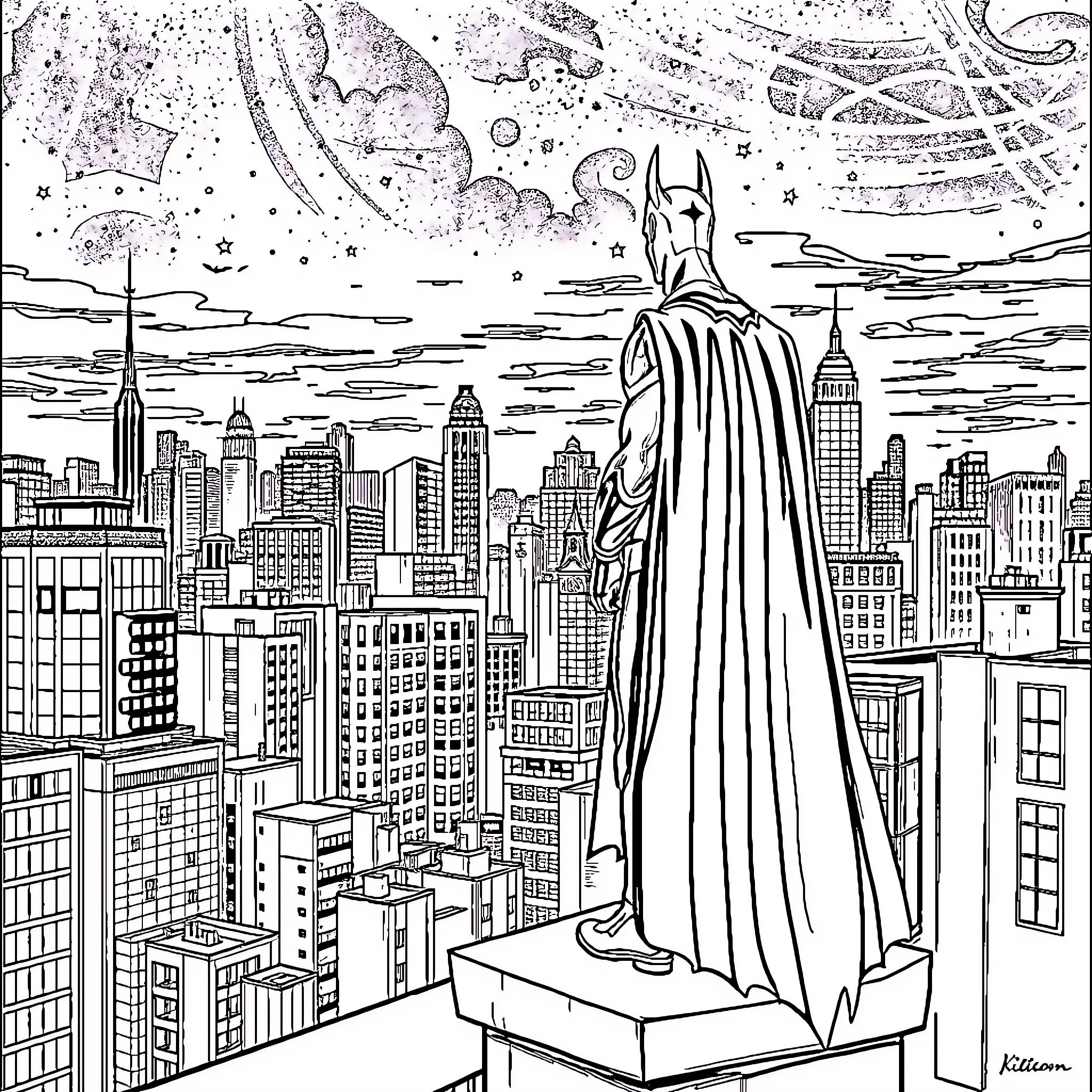 Batman overlooking the city at night Coloring Page (free black-and-white line drawing printable PDF for all, from beginners to advanced learners, including children, teens, adults, and seniors)