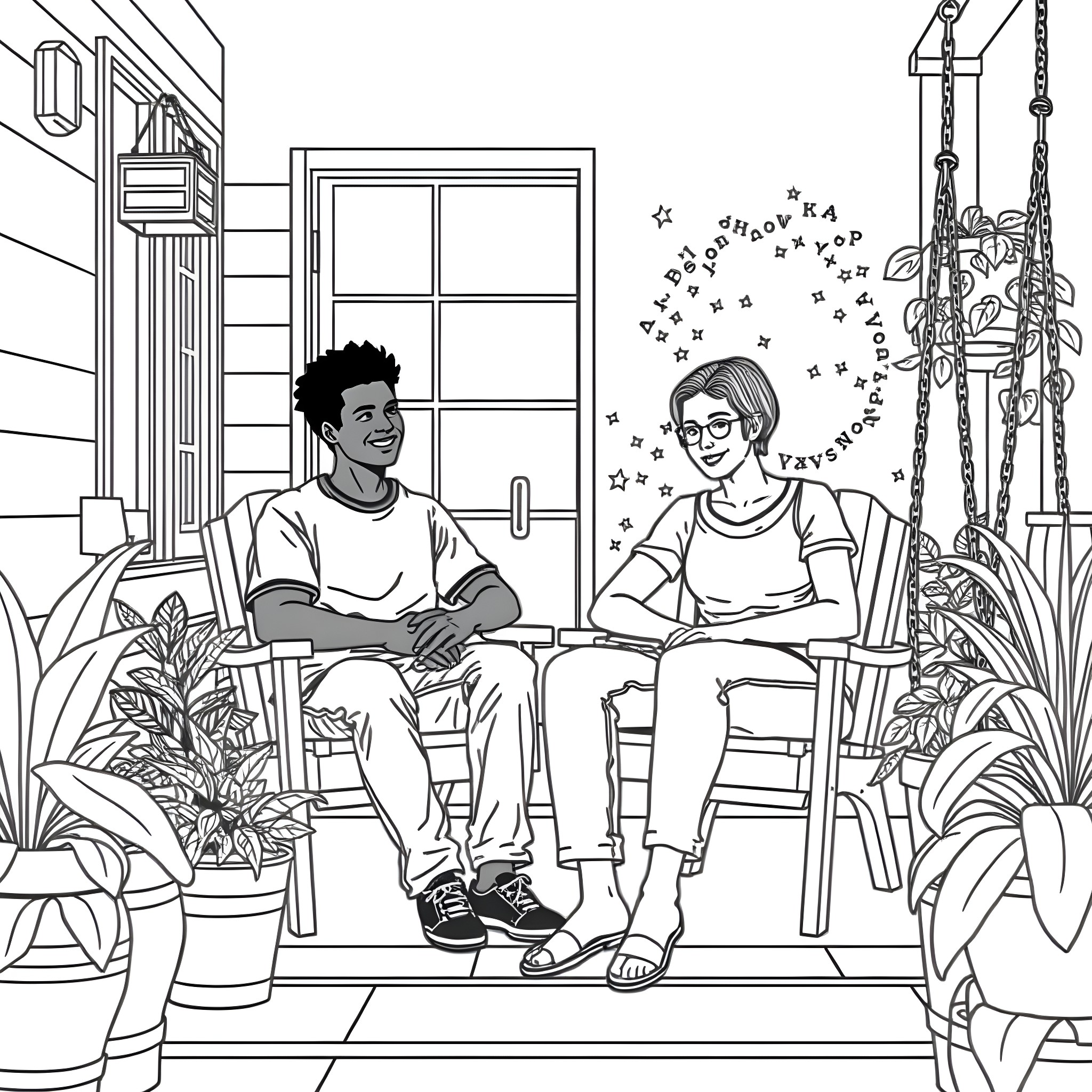 Teen Guy and Girl Enjoying Time Together at Home Coloring Page (free black-and-white line drawing printable PDF for all, from beginners to advanced learners, including children, teens, adults, and seniors)