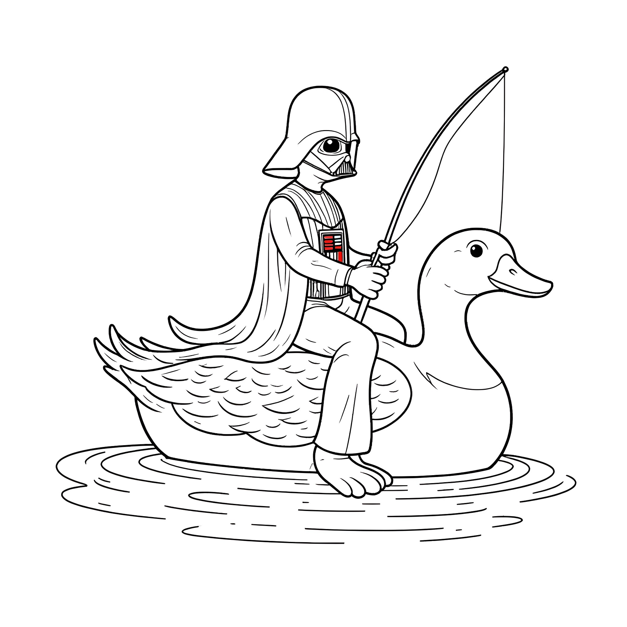 Vader fishing on a duck Coloring Page (free black-and-white line drawing printable PDF for all, from beginners to advanced learners, including children, teens, adults, and seniors)